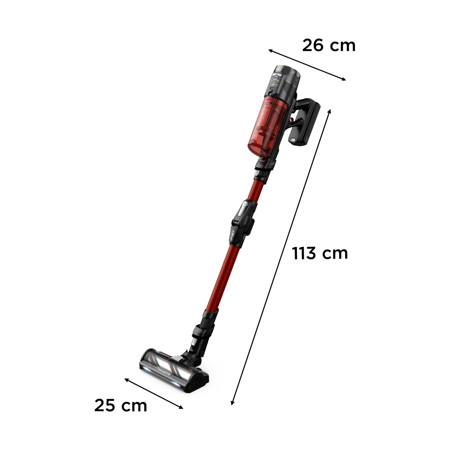 Viene mostrato un aspirapolvere senza fili. È nero e rosso, le dimensioni indicate sono: 26 cm di larghezza, 113 cm di lunghezza e 25 cm per la testa.