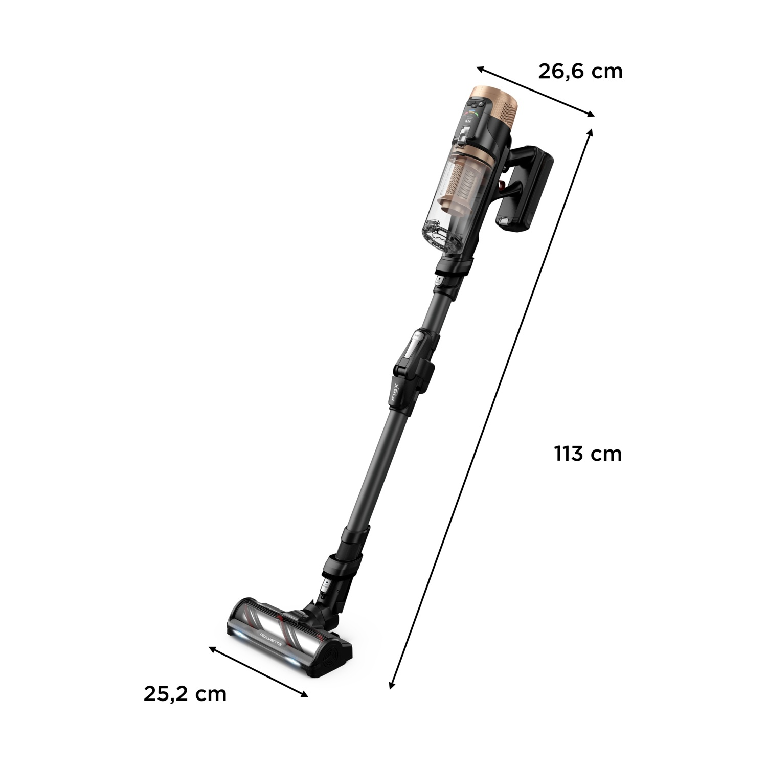 È mostrato un aspirapolvere senza fili nero e oro, con dimensioni di 26,6 cm, 25,2 cm e 113 cm.