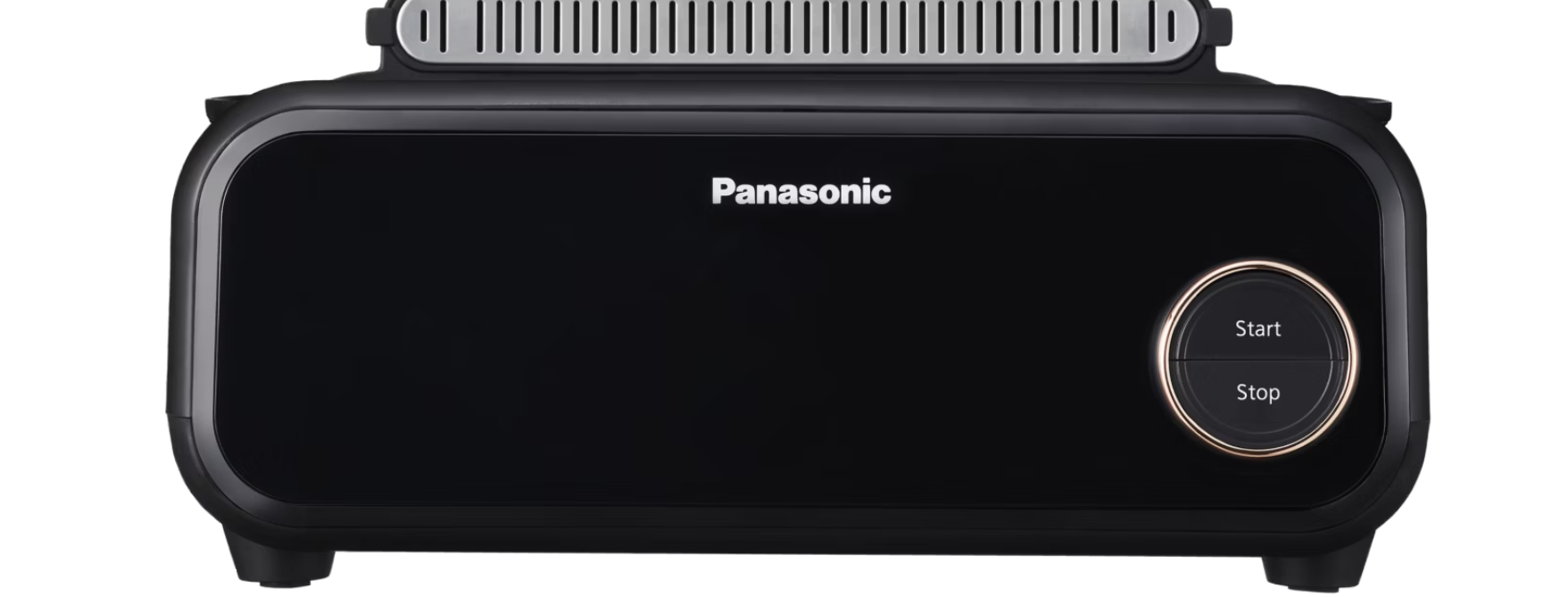 Ein schwarzes Panasonic-Gerät hat eine silberne obere Entlüftung und eine goldumrandete Taste mit 'Start' und 'Stop'. Der Markenname wird angezeigt.