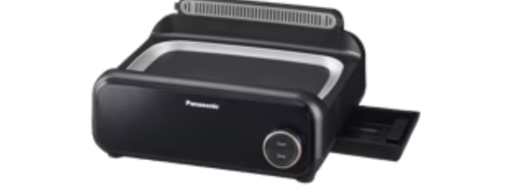 Ein schwarzes Panasonic-Gerät mit silberner Zierleiste. Es hat einen kreisförmigen Knopf und eine ausziehbare Schublade.