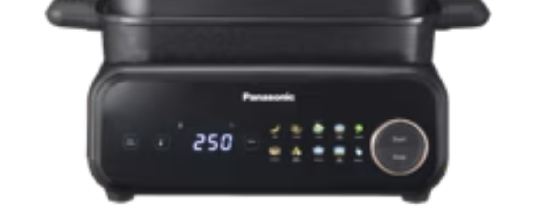 Schwarzes Panasonic-Gerät mit Digitalanzeige 250. Mit Knöpfen und einem runden Start/Stopp-Knopf.