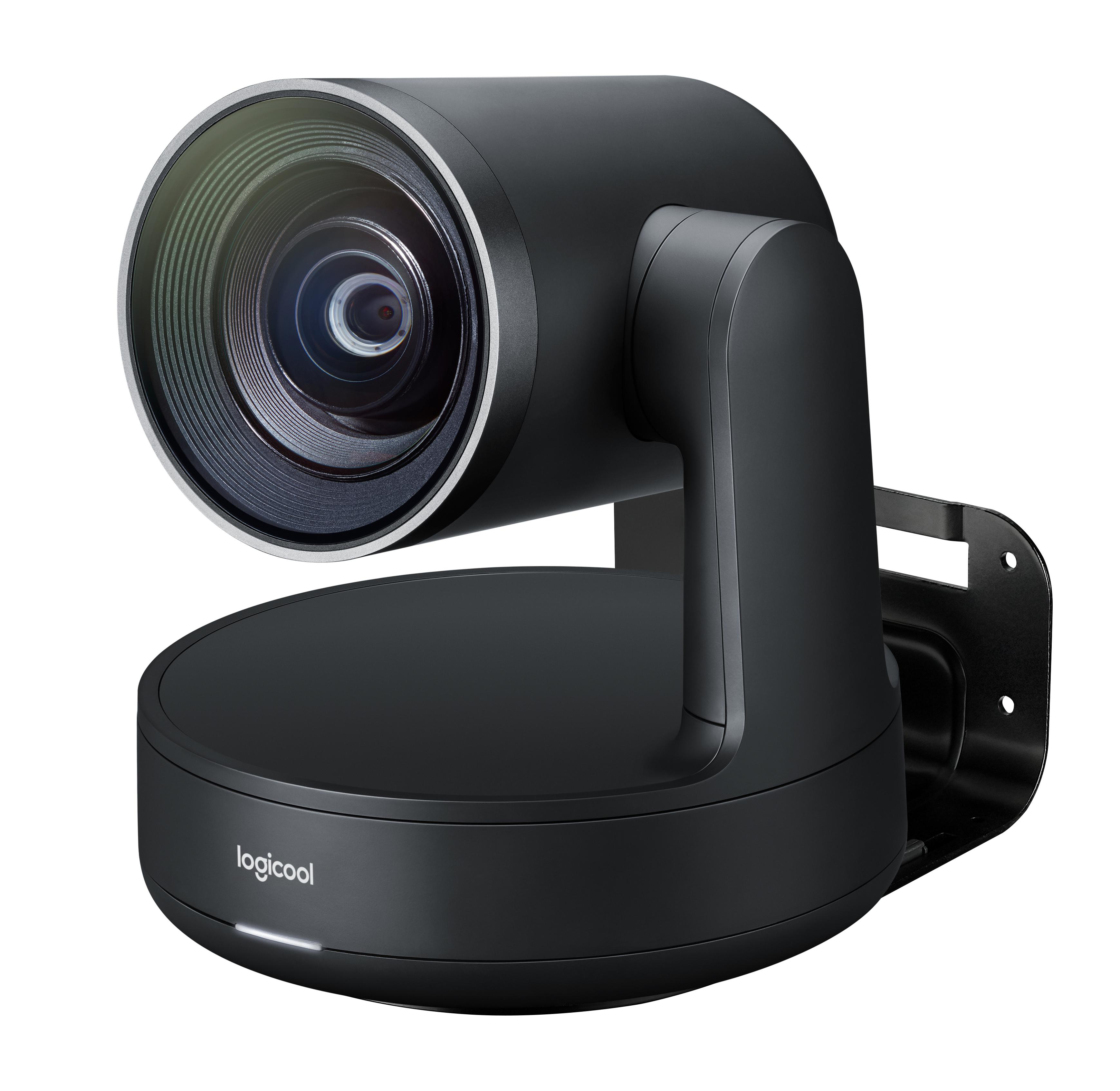 Eine schwarze Logitech-Webcam mit großem Objektiv, rundem Sockel und Halterung auf weißem Hintergrund.