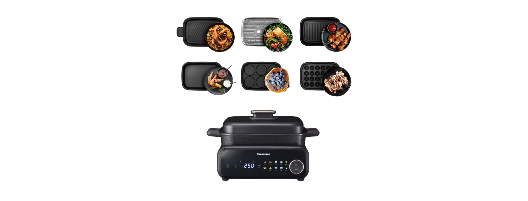 Ein schwarzer Panasonic-Indoor-Grill mit verschiedenen Kochplatten und Gerichten, darunter Meeresfrüchte, Pfannkuchen und Takoyaki.