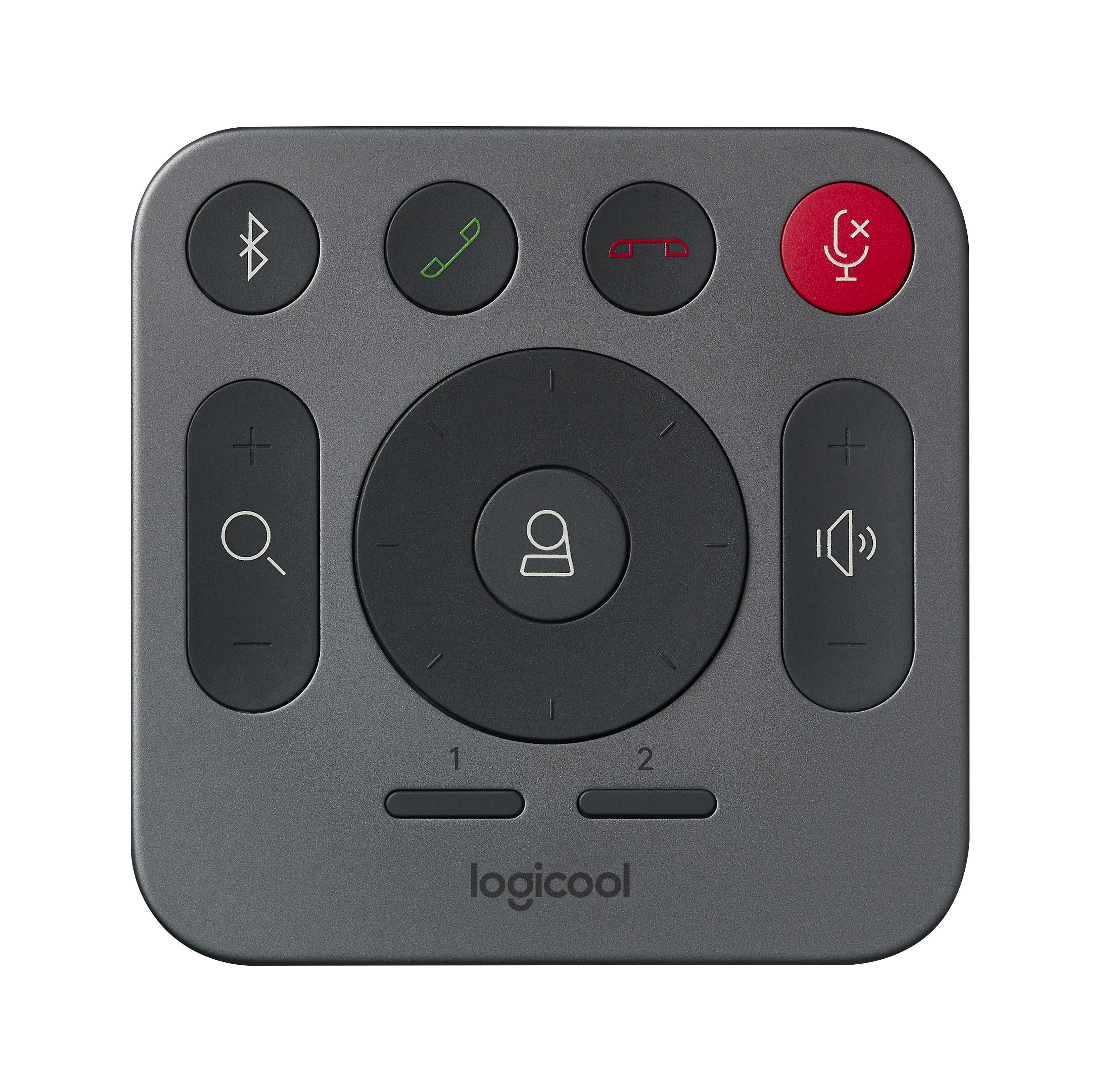 Graue Logitech-Fernbedienung mit Tasten für Bluetooth, Anrufe, Stummschaltung, Lautstärke und ein zentrales Navigationsrad.