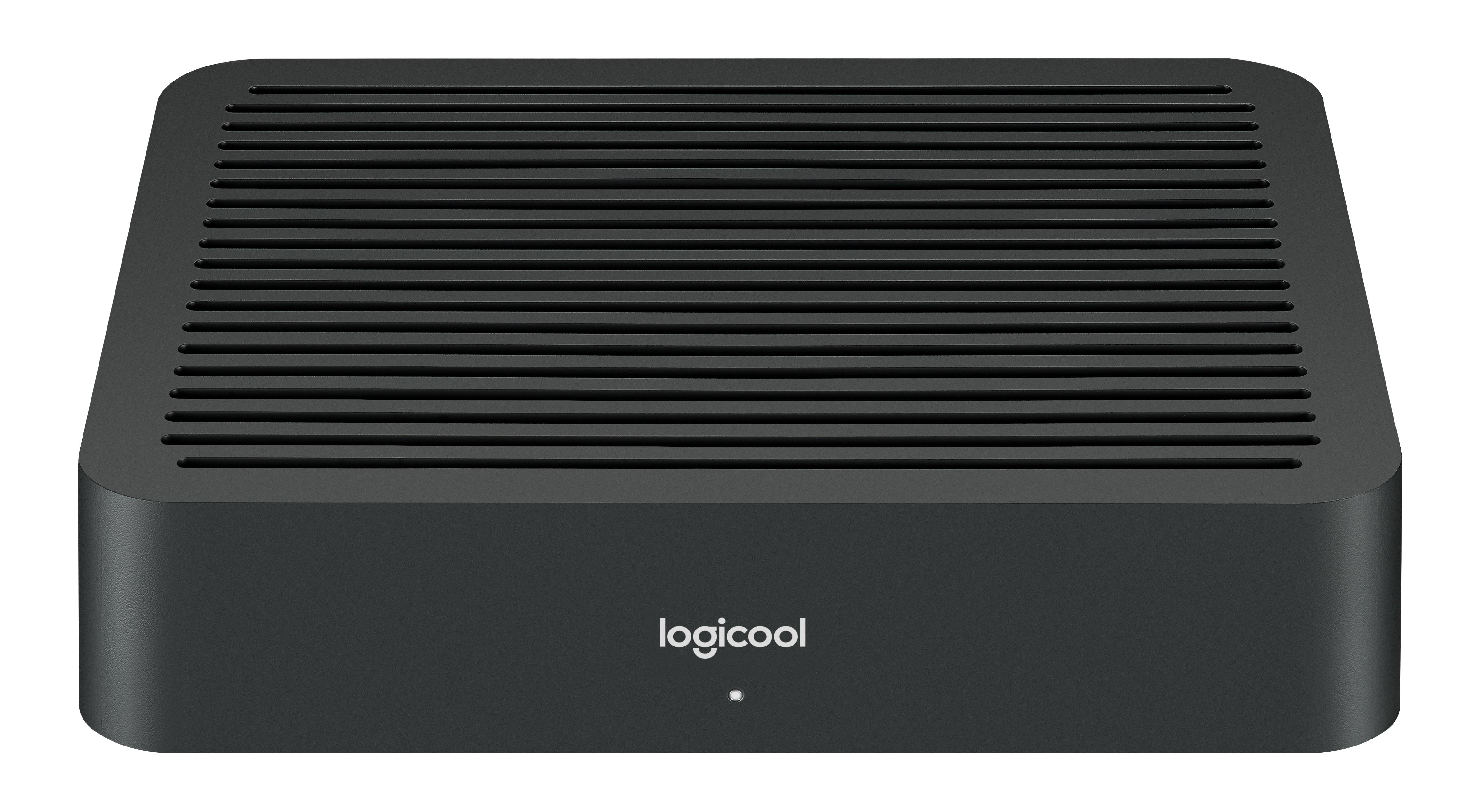 Ein schwarzes Logicool-Gerät. Es hat eine geriffelte Oberseite und der Markenname ist auf der Vorderseite angegeben. Unter dem Namen befindet sich ein kleines Licht.