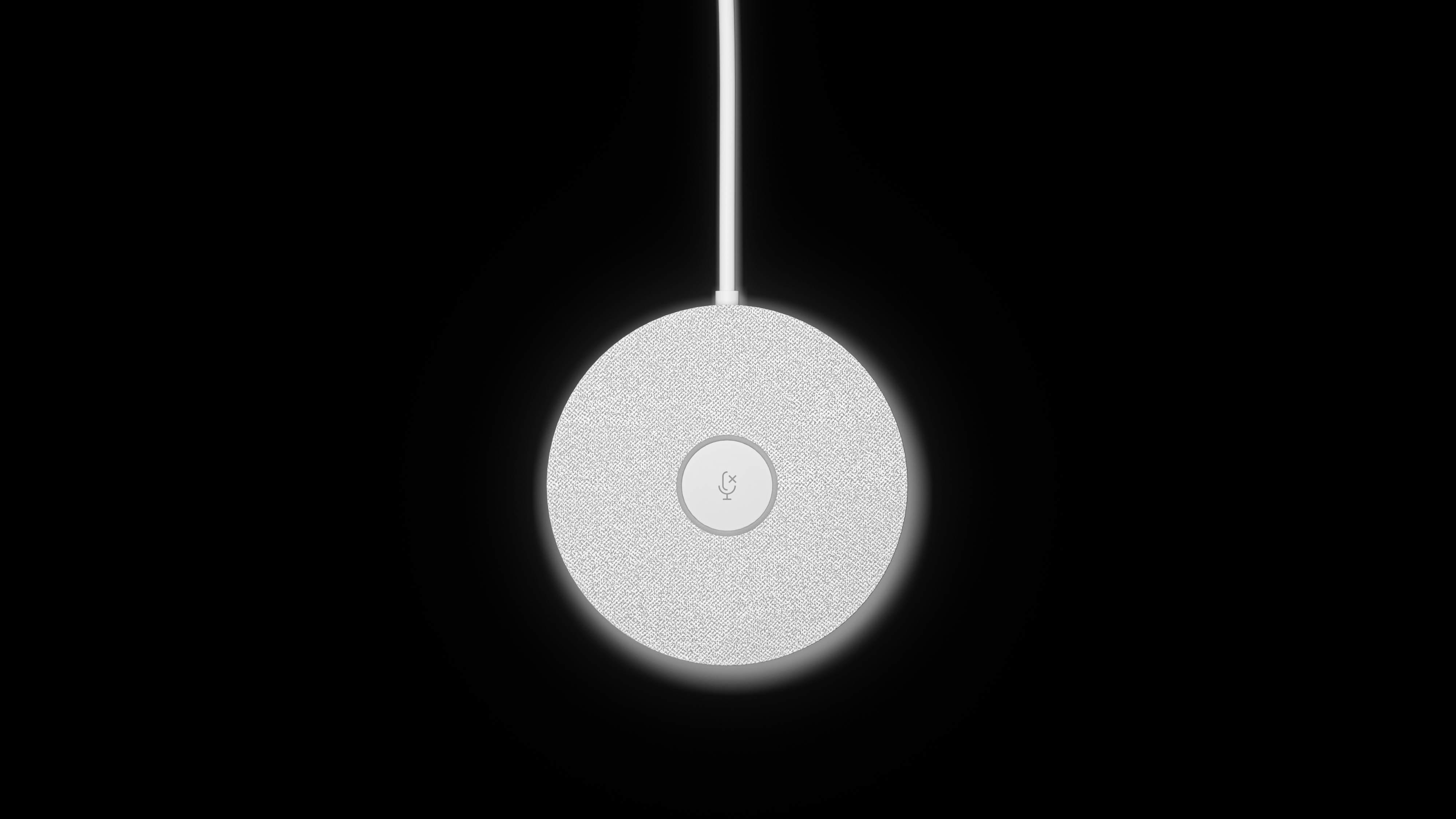Ein weißes, kreisförmiges Gerät mit einem Mikrofonsymbol, das an einem weißen Kabel vor schwarzem Hintergrund hängt. Es leuchtet an den Rändern.