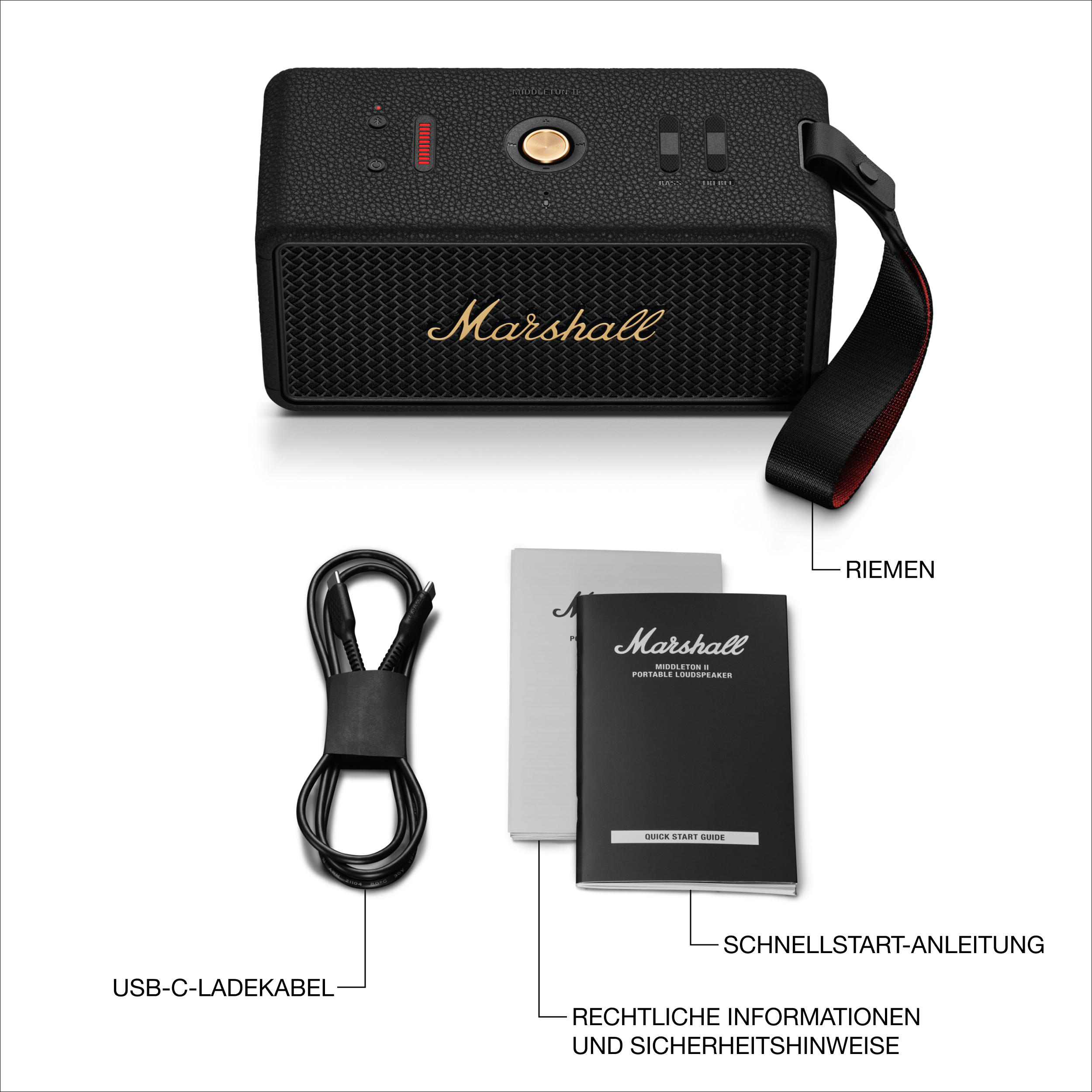 Ein schwarzer Marshall-Lautsprecher mit Riemen, USB-Kabel und zwei Broschüren auf weißem Hintergrund.