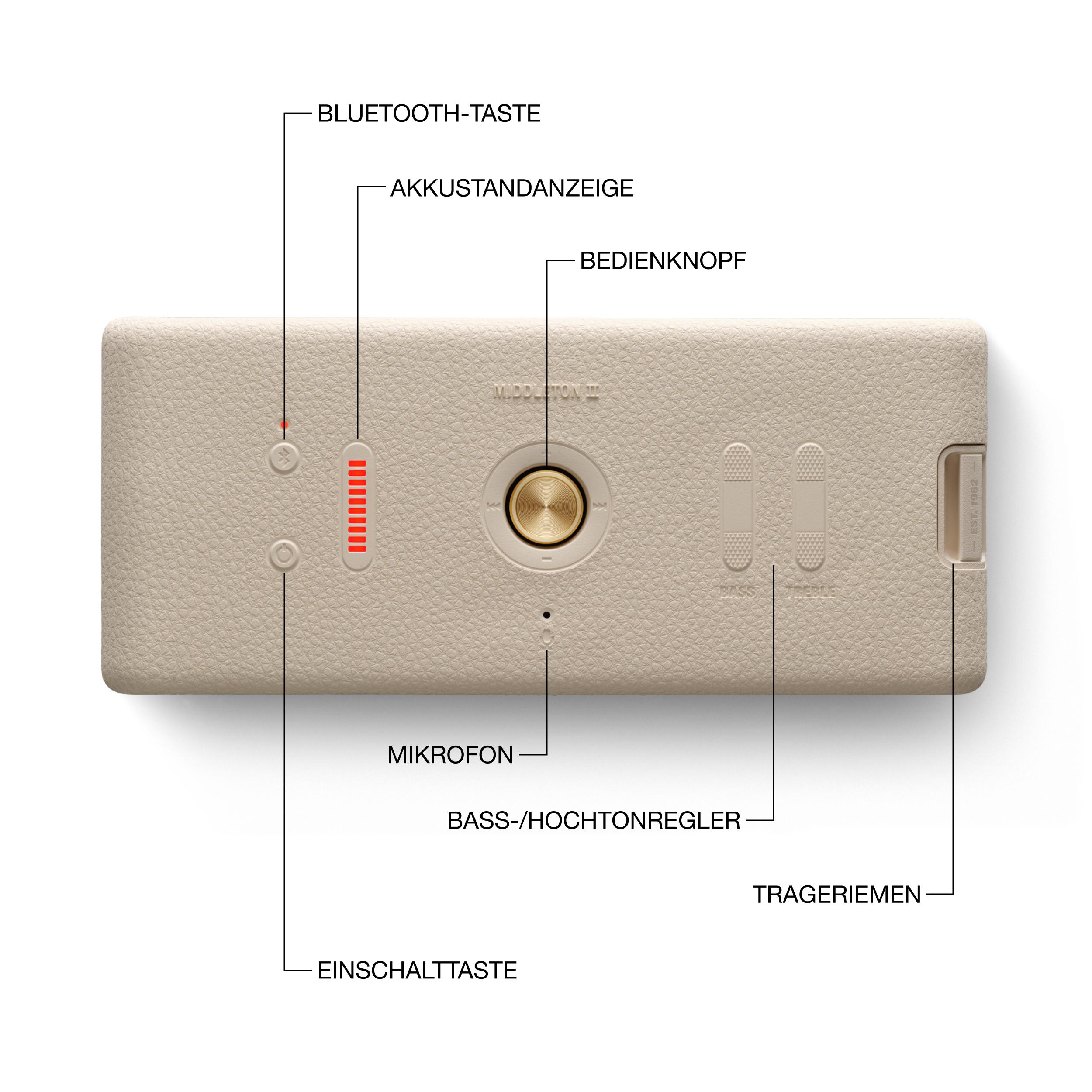 Beige Lautsprecher mit Knöpfen, Reglern und Textbeschriftungen. Beschriftungen umfassen Bluetooth, Lautstärke, Bass und Mikrofon.