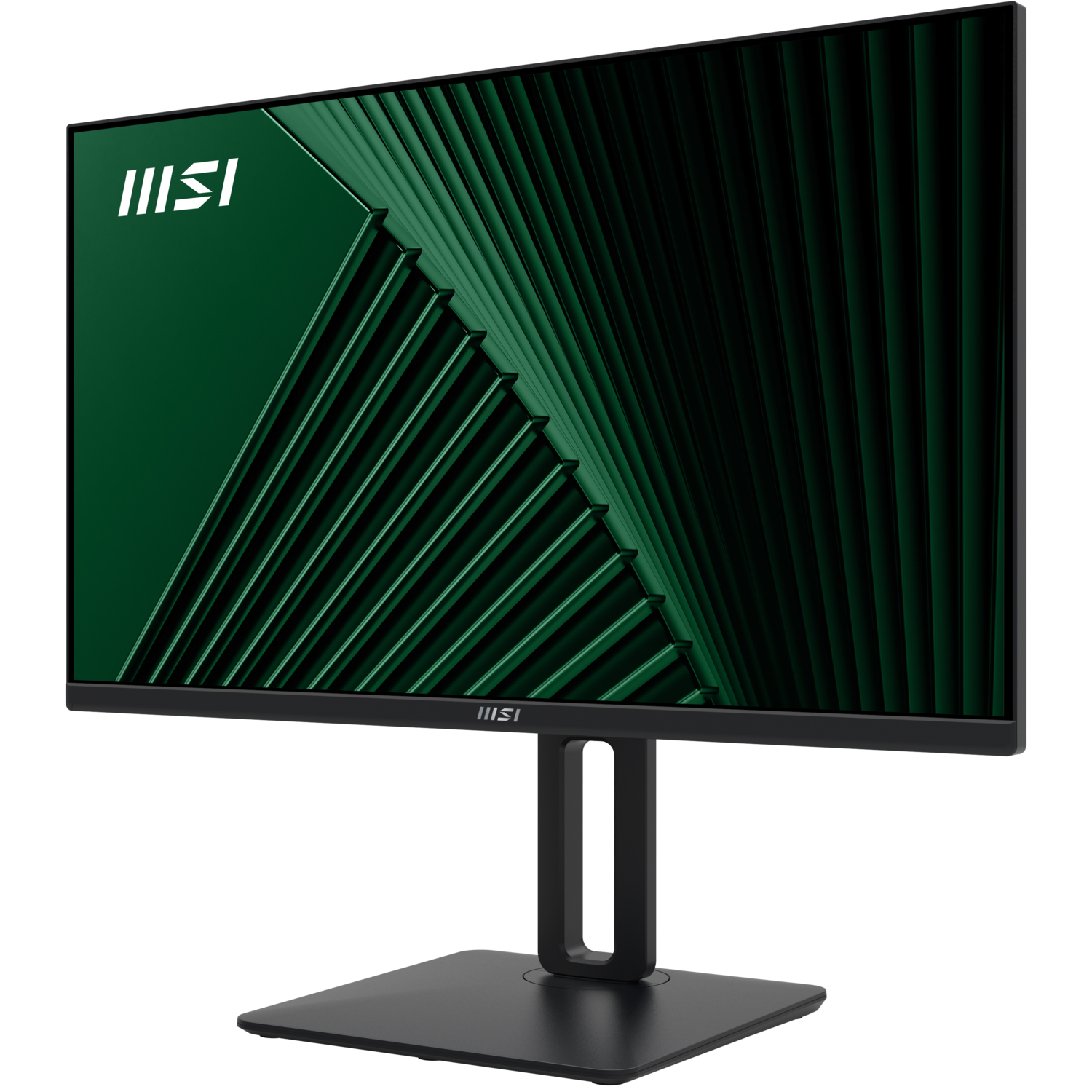 Un moniteur MSI noir. L'écran affiche un motif vert. Le support et la base sont noirs. Le logo est blanc.