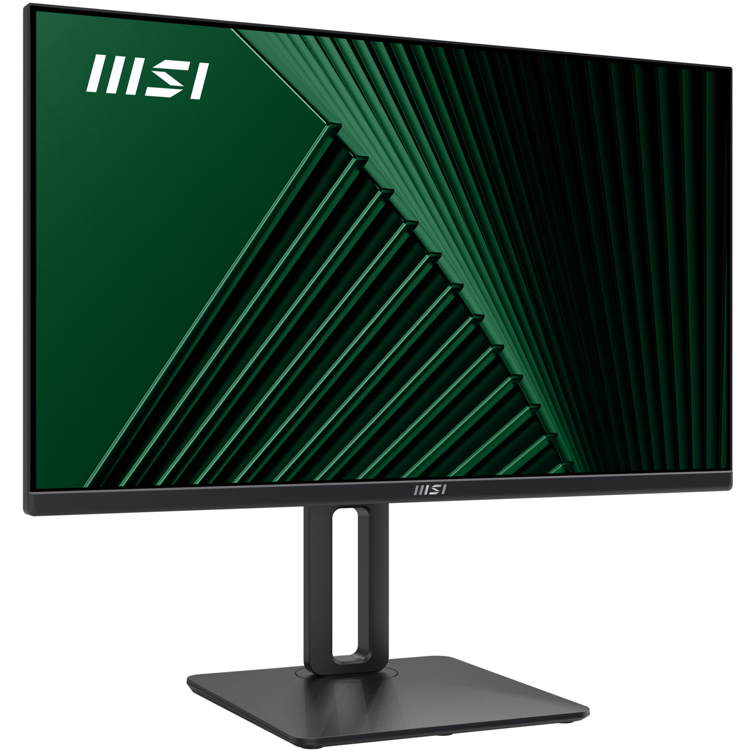 Un moniteur MSI noir affiche un design abstrait vert. Le moniteur est monté sur un support noir sur fond noir.