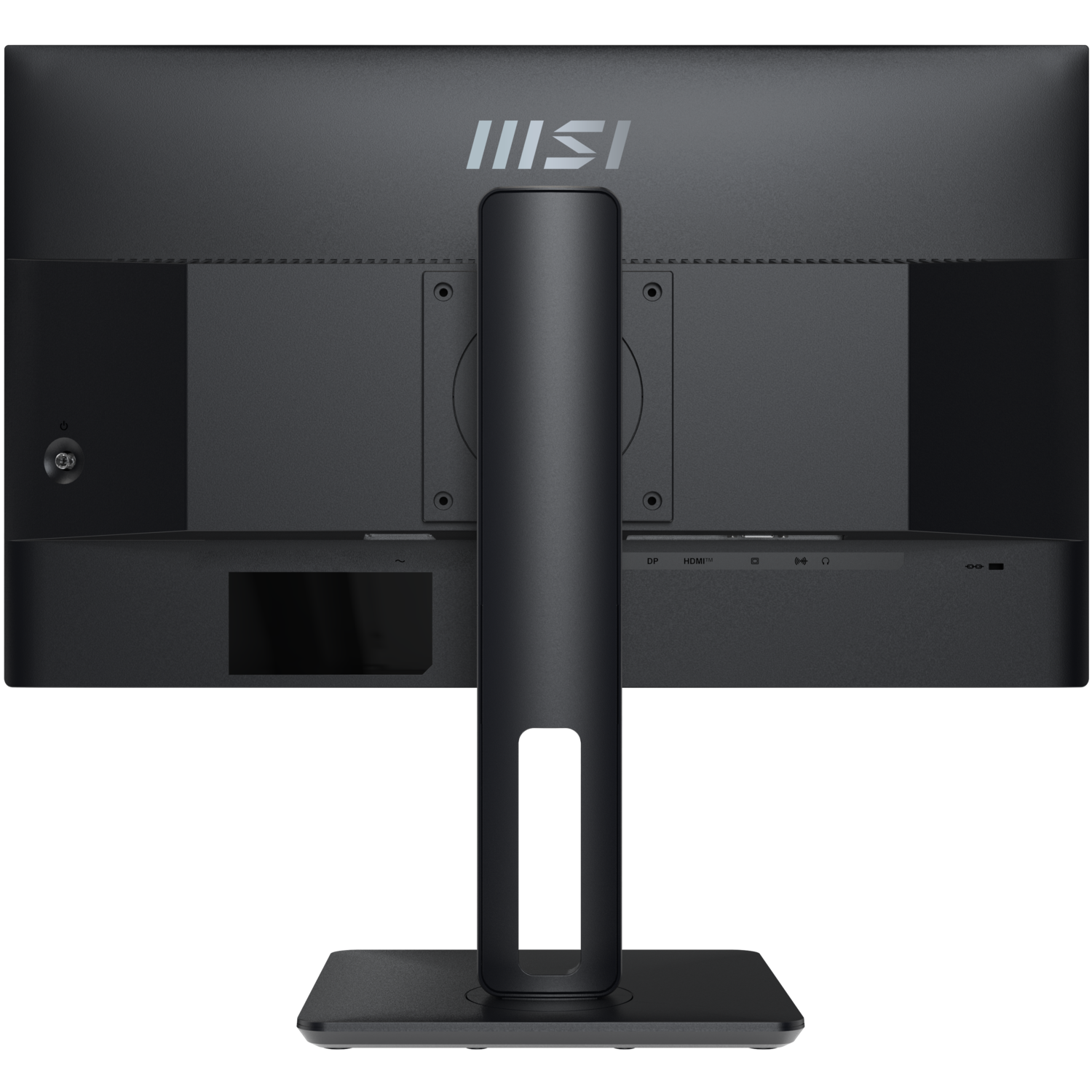Arrière d'un moniteur MSI noir. Comprend des ports, un support et le logo MSI. Le support est centré et la base est carrée.