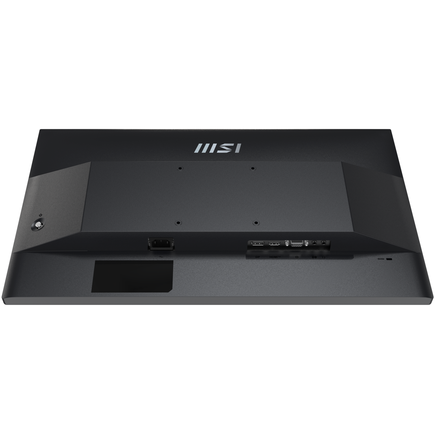 Arrière d'un moniteur MSI noir. Les ports et l'entrée d'alimentation sont visibles. Le logo MSI est en haut au centre.