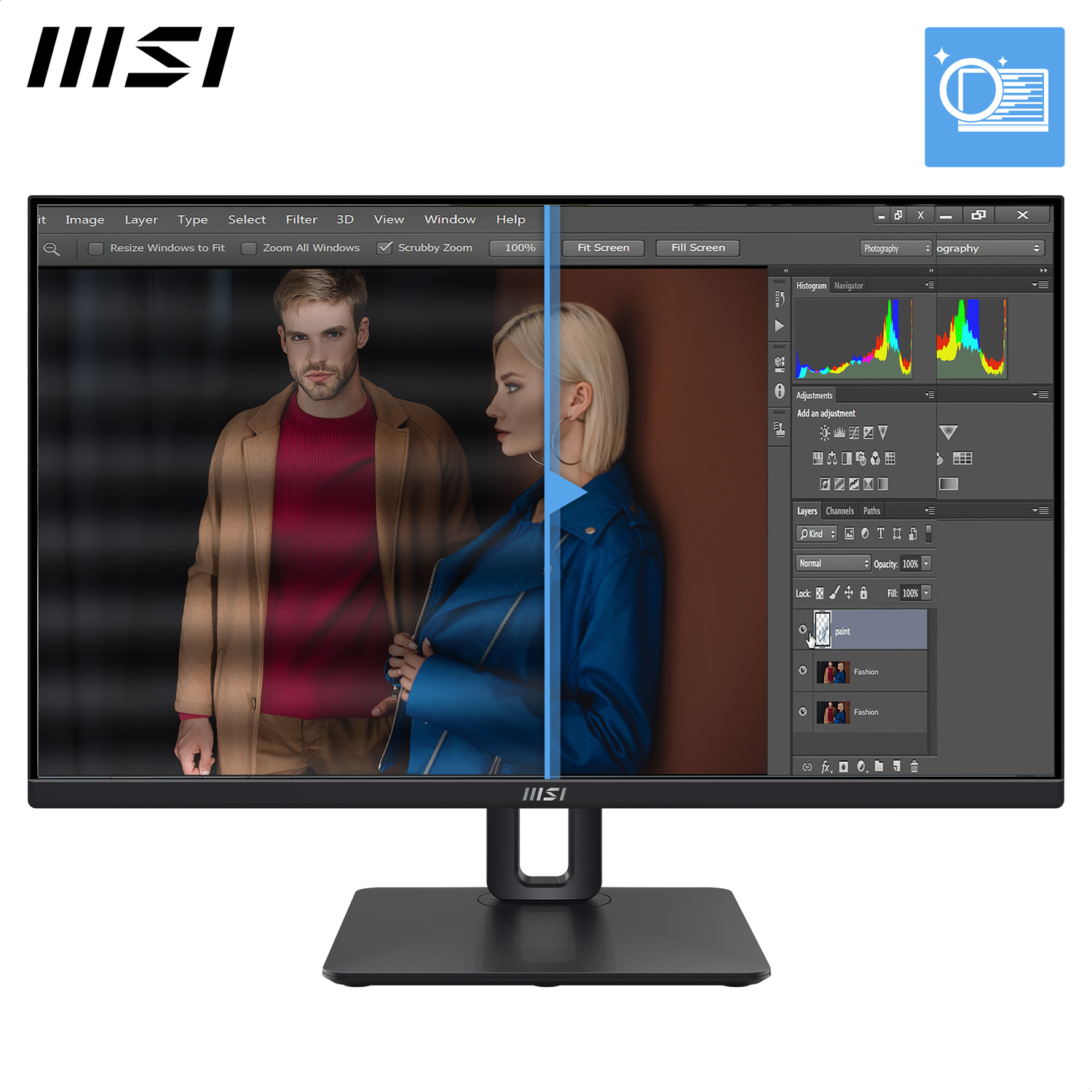 Moniteur MSI affichant une image en écran partagé. Un côté montre un homme, l'autre une femme, tous deux en photos de mode, retouchées dans Photoshop.