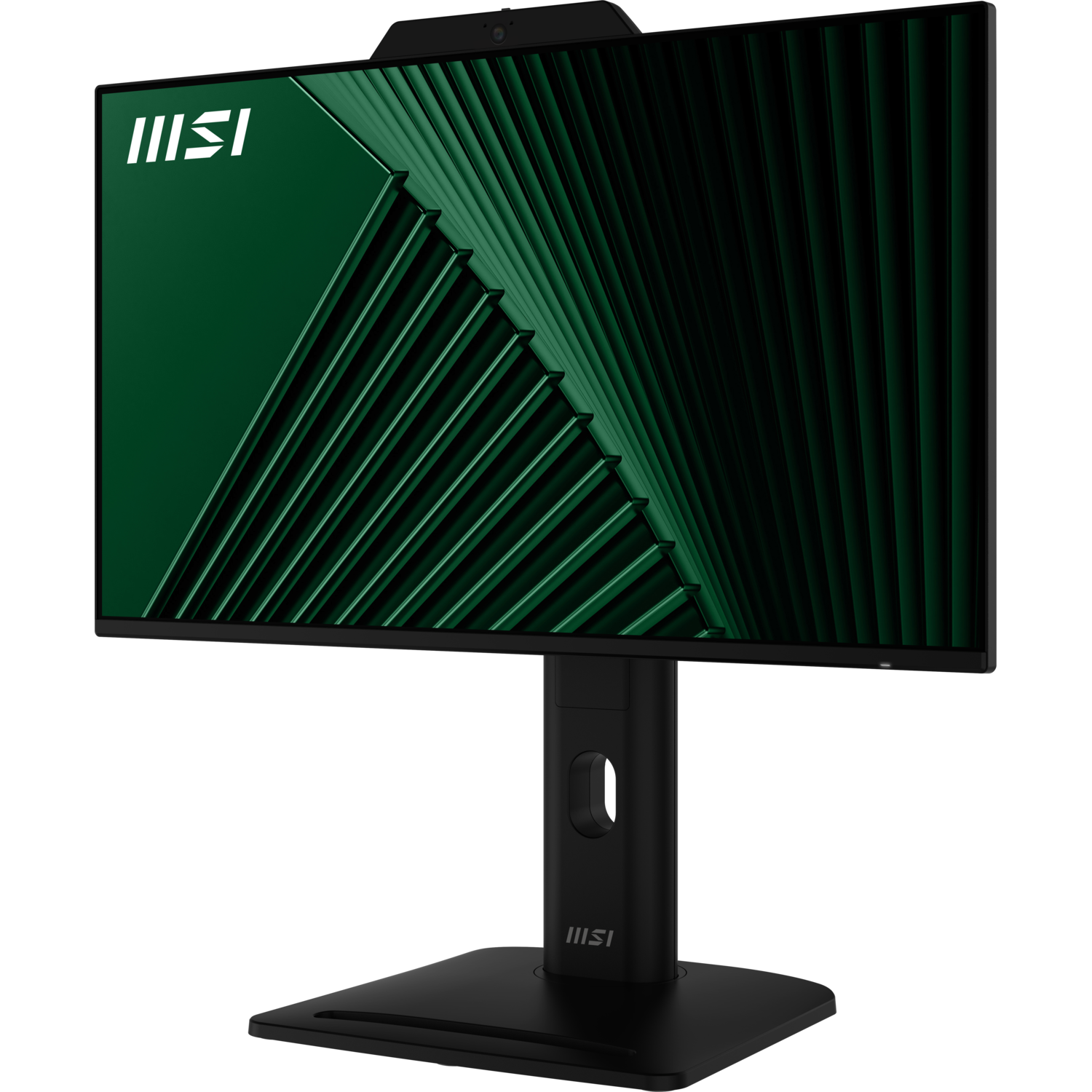 Un moniteur MSI noir avec un écran à motifs verts, monté sur un support noir. Le logo MSI est visible.