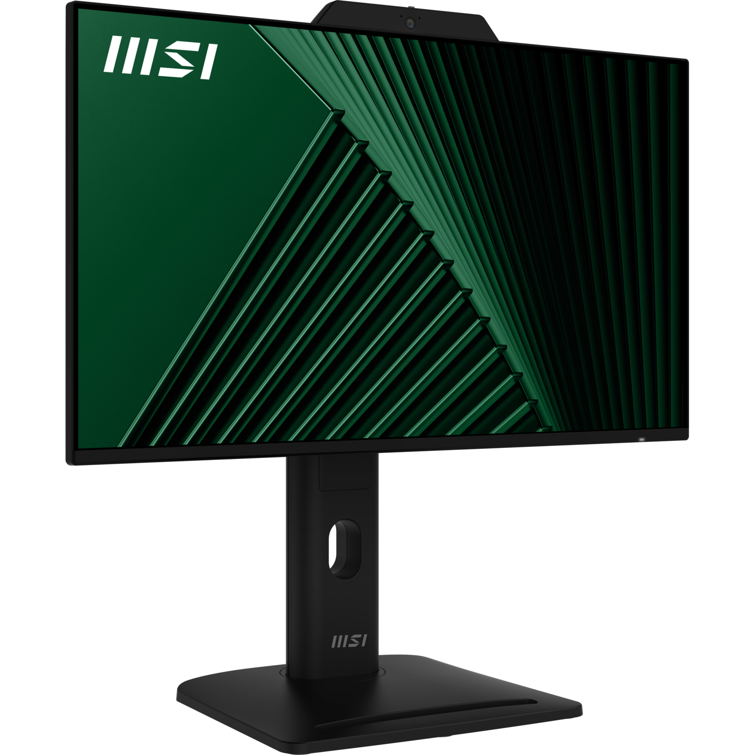 Un moniteur MSI noir affiche un design abstrait vert. Il possède une caméra en haut et repose sur un socle noir.