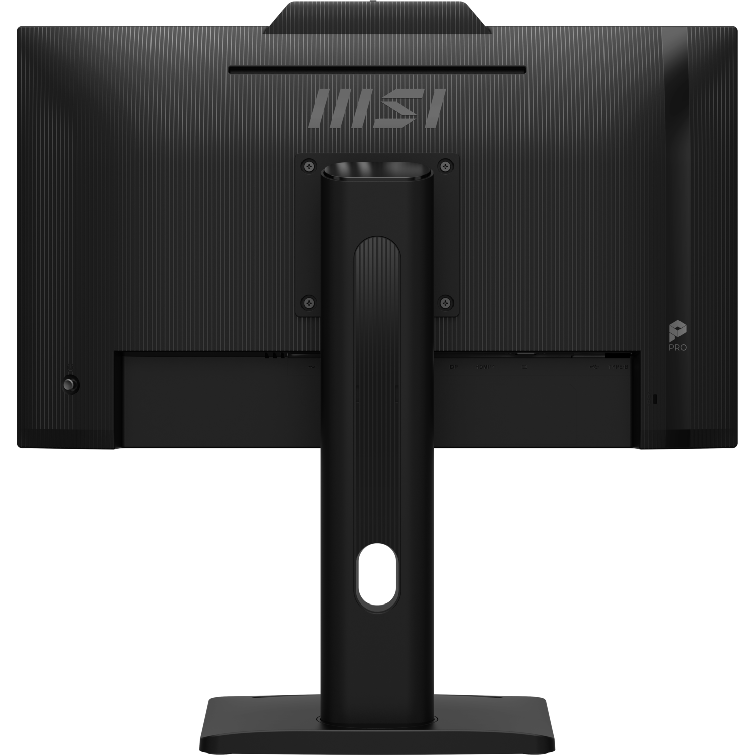 Arrière d'écran d'ordinateur noir avec logo MSI, ports et pied. Surface texturée et logo PRO sur le côté droit.