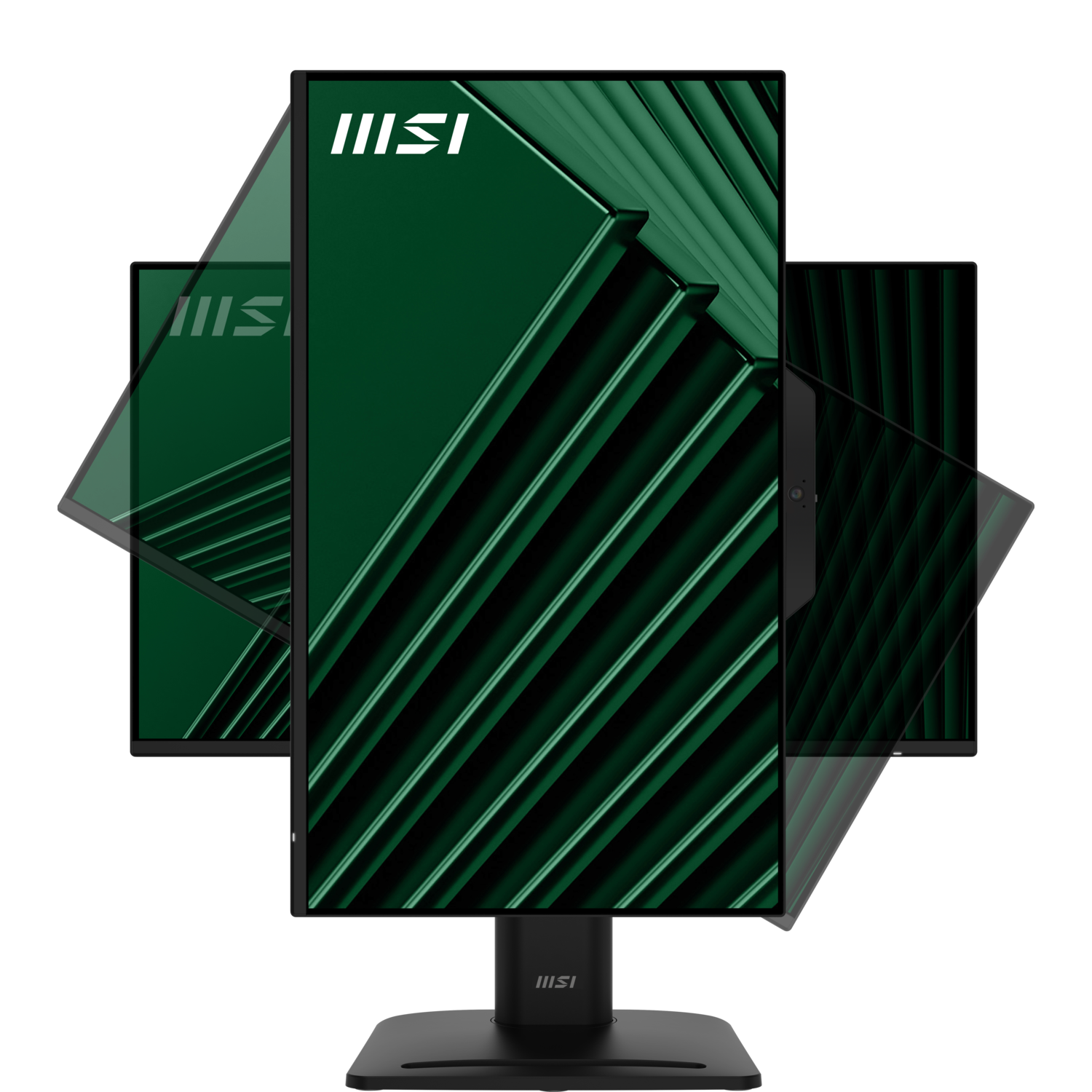 Plusieurs écrans d'ordinateur avec un affichage vert et noir. Les moniteurs ont le logo MSI et sont sur fond noir.