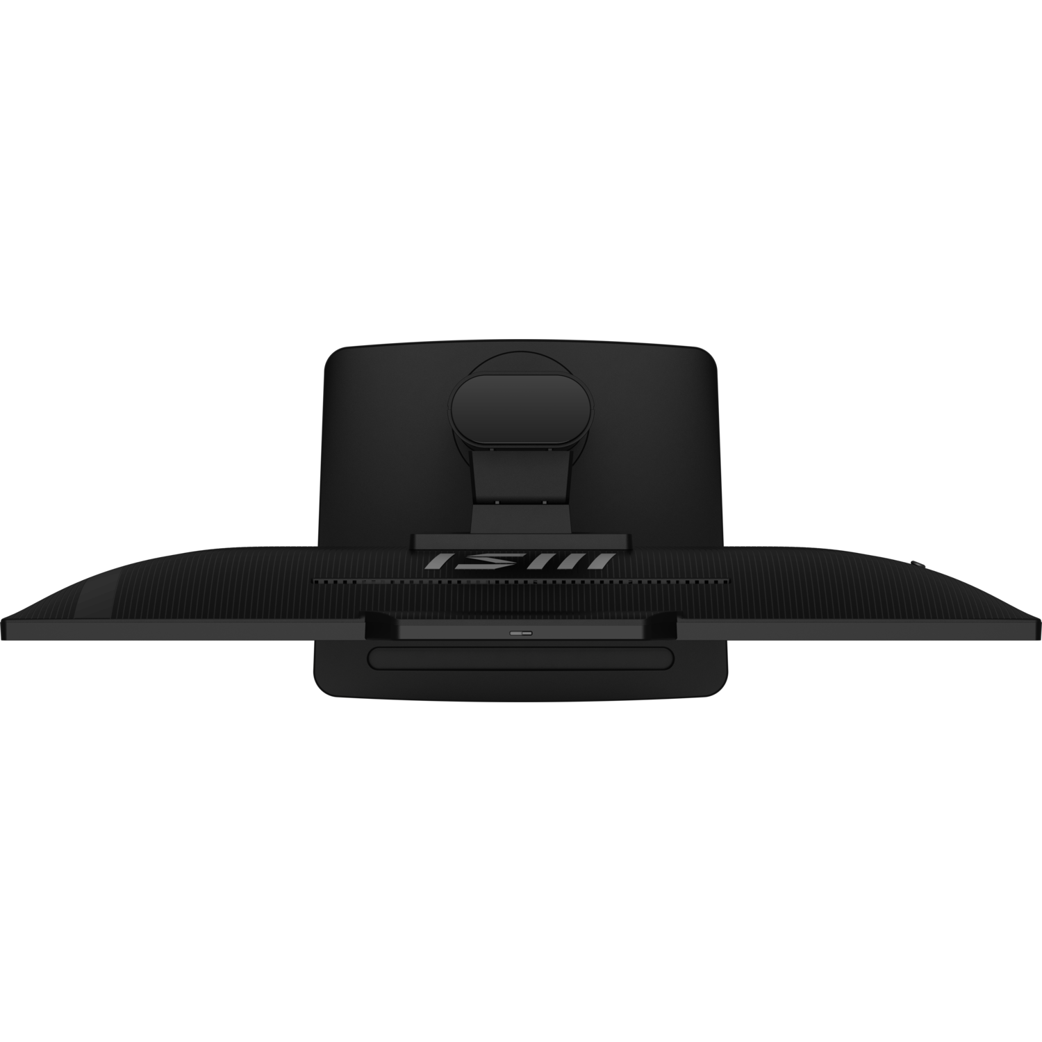 Écran d'ordinateur noir, vue du bas, avec le logo MSI visible. L'écran est entouré d'un cadre noir. Le fond est noir.