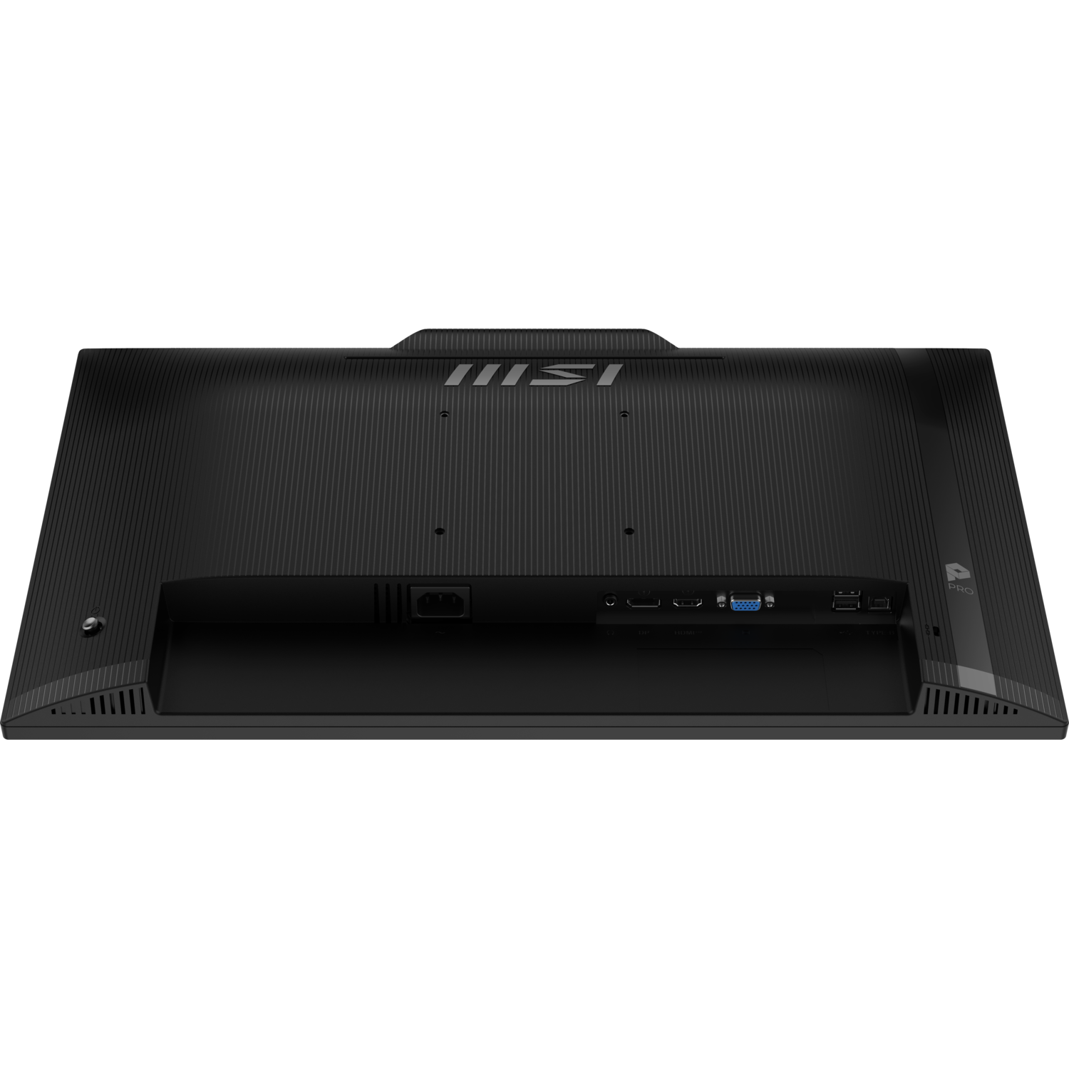 Vue arrière d'un moniteur MSI noir. Il possède plusieurs ports en bas. Le logo MSI est visible en haut au centre.