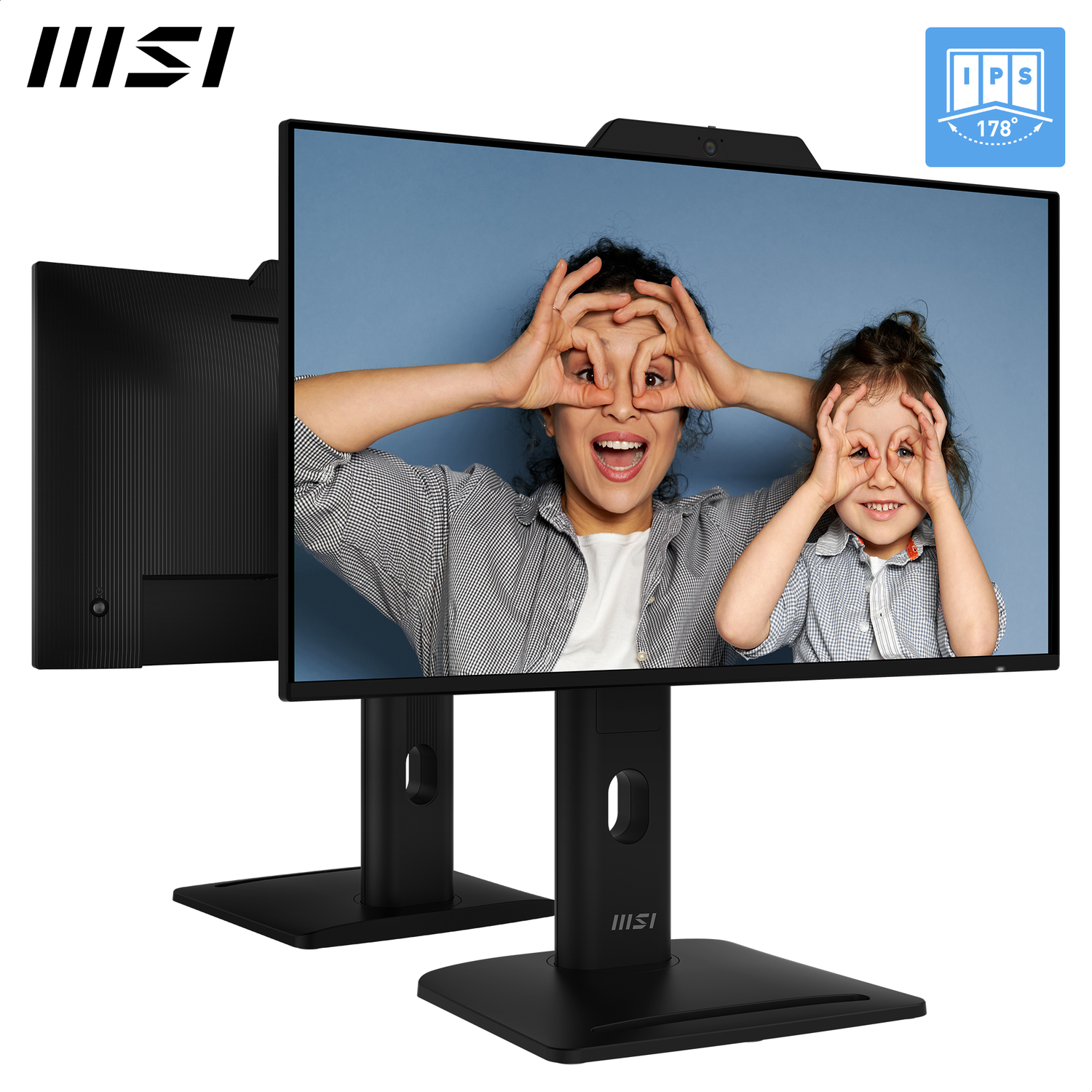 Un moniteur MSI noir affiche une femme et un enfant faisant des gestes oculaires. Le moniteur est sur un support noir. L'arrière-plan est bleu.