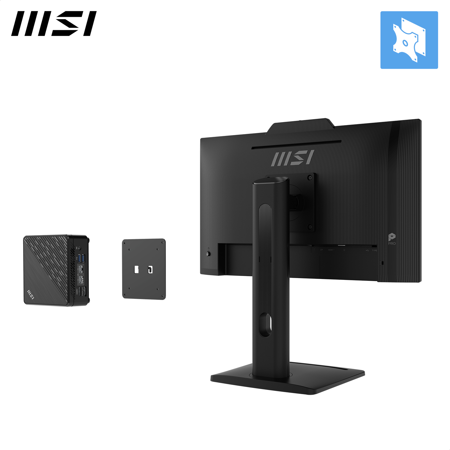 Un moniteur MSI noir et un mini PC sont affichés. Le moniteur est orienté vers l'arrière, un support de montage est également présenté, avec le logo MSI.