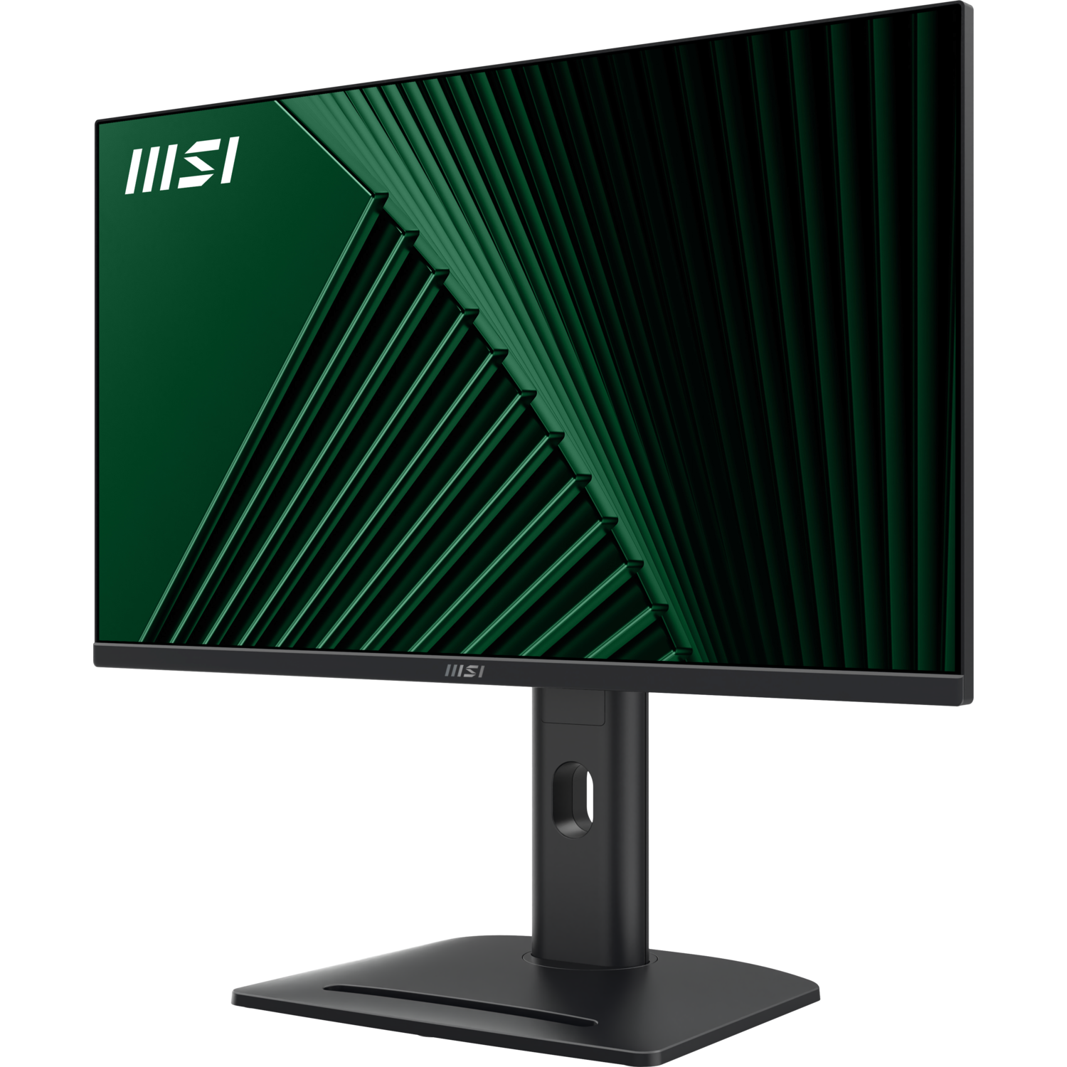 Un moniteur MSI noir affiche un design abstrait vert. Le moniteur a un pied et une fine lunette. Le logo est visible.