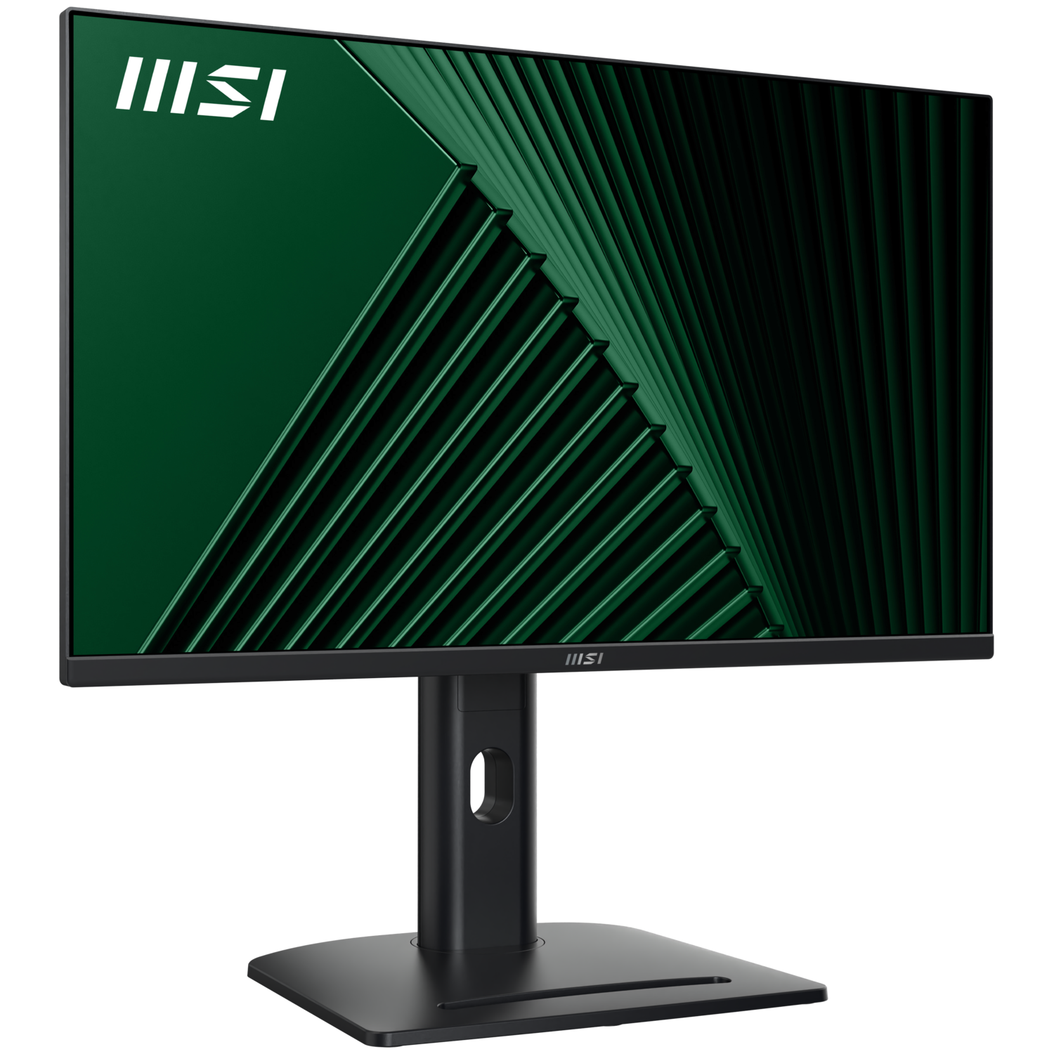 Un moniteur MSI noir avec un fond vert abstrait. Le moniteur est sur un support noir, placé contre un fond noir.