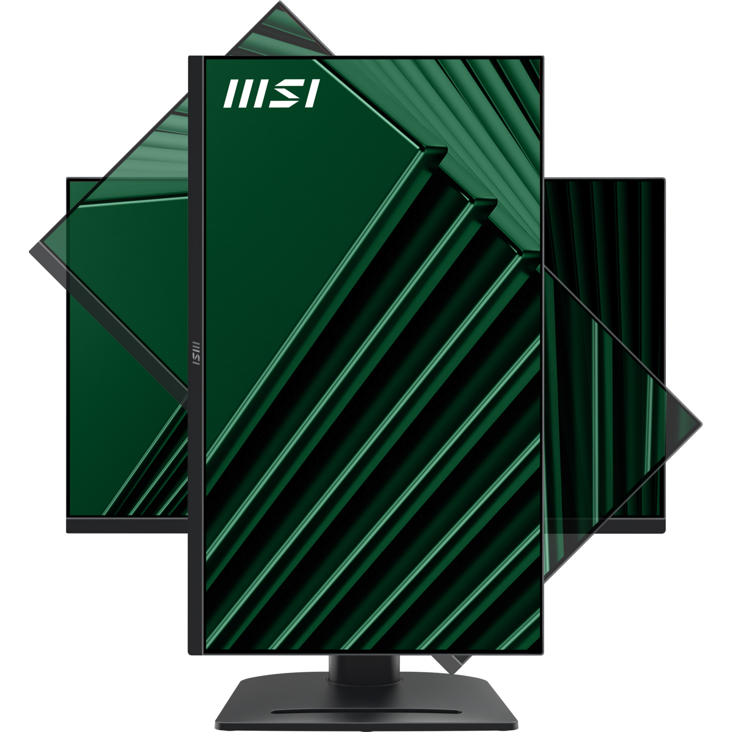 Plusieurs moniteurs MSI sur fond noir. Chacun affiche un motif vert. Le logo MSI est visible sur certains écrans.