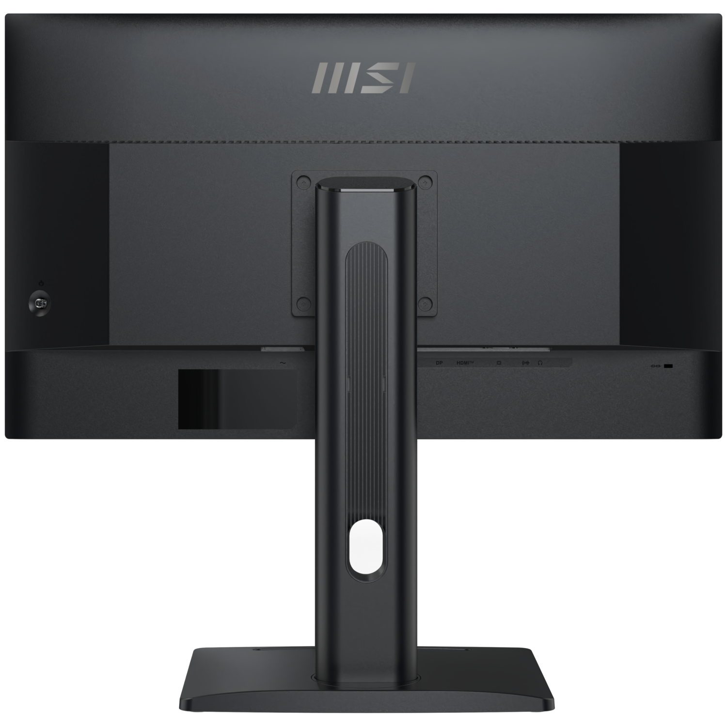 Arrière d'un moniteur MSI noir. Il a un support central, avec un bouton blanc. Ports en bas, et le logo en haut.