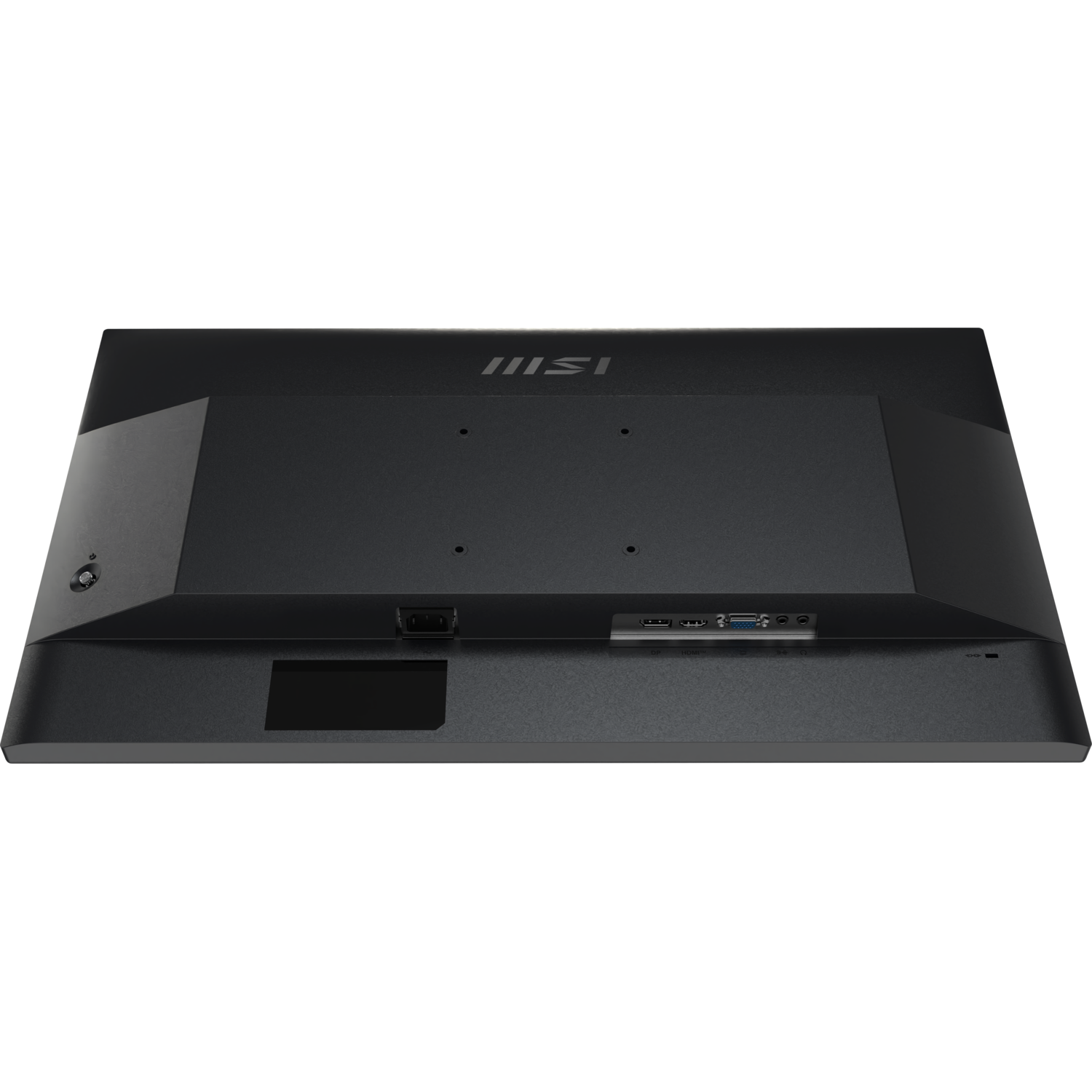 Vue arrière d'un moniteur MSI noir. Les ports visibles incluent HDMI, DisplayPort et l'entrée d'alimentation. Le logo MSI est en haut.