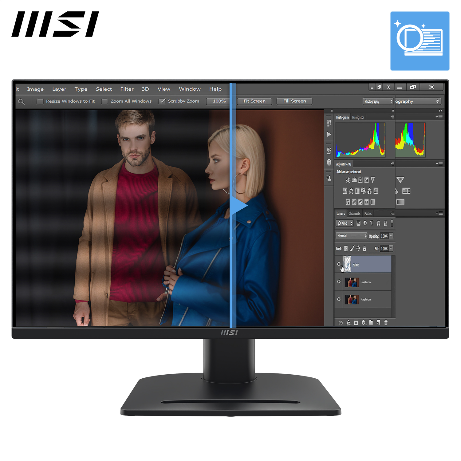 Le moniteur MSI affiche une interface de retouche photo avec deux mannequins, l'un portant un manteau marron et l'autre une veste bleue.