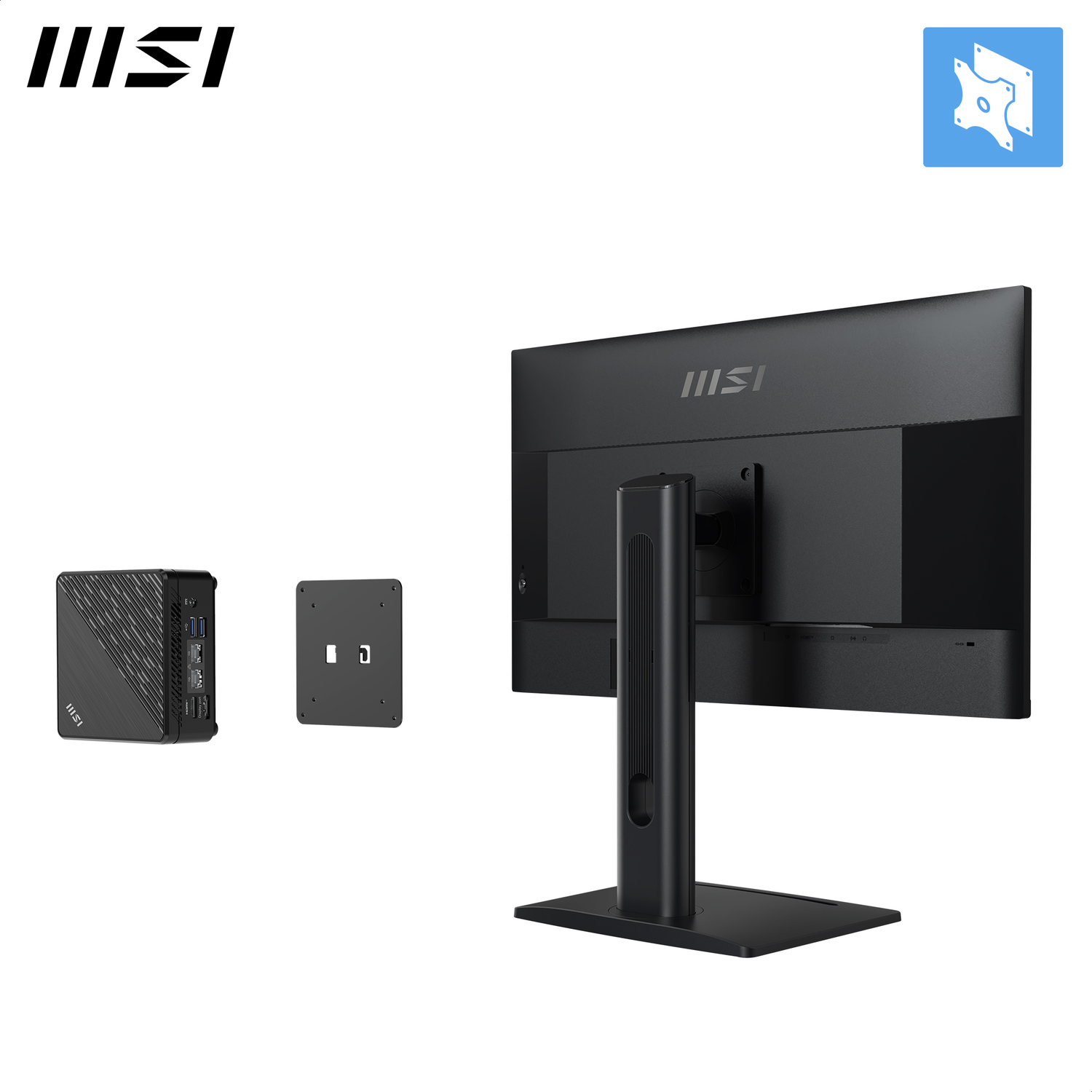 Un moniteur MSI noir, un PC et une plaque de montage sur fond blanc. Le moniteur est incliné, montrant l'arrière.