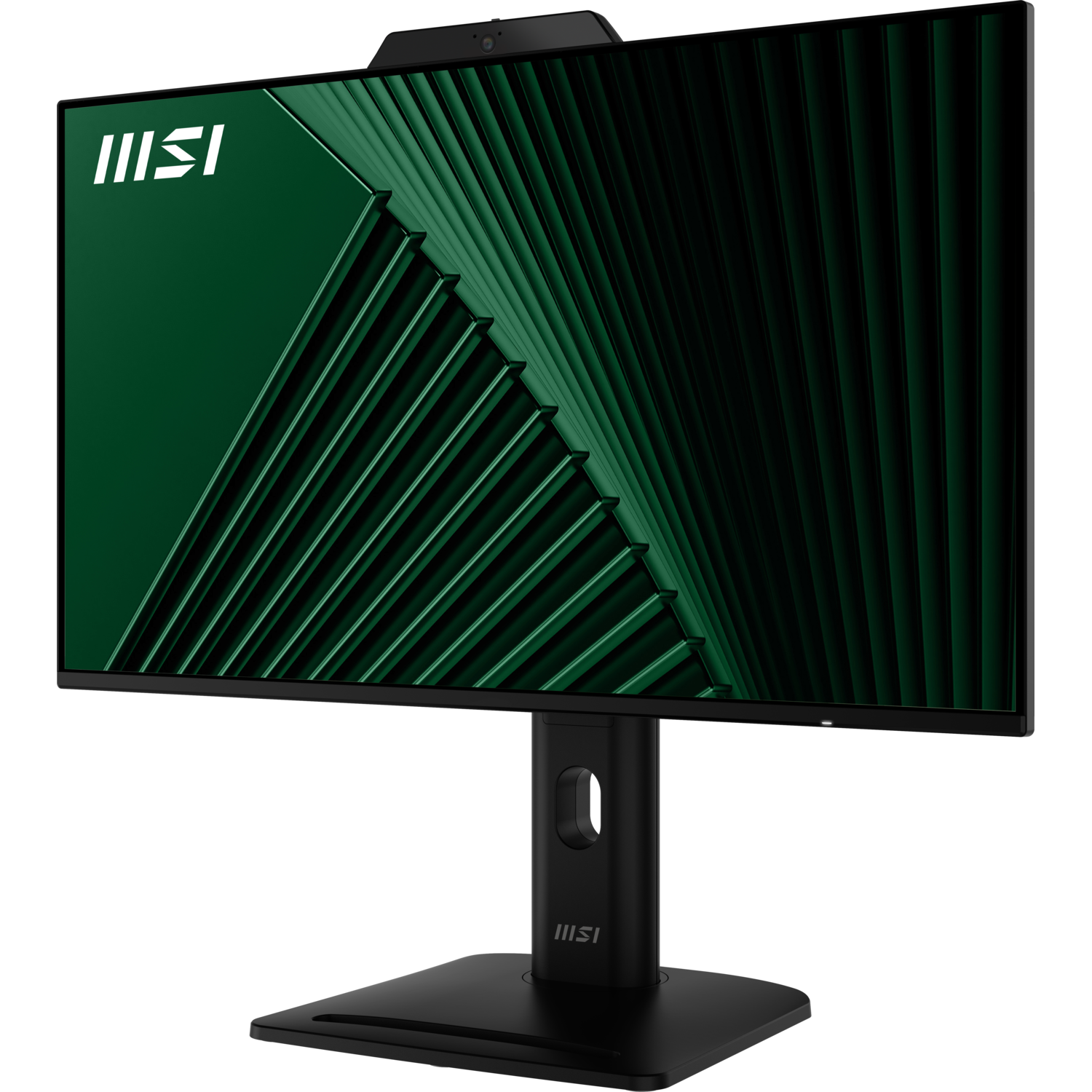 Moniteur MSI avec écran vert et noir, pied noir et webcam. L'écran affiche un motif abstrait vert.