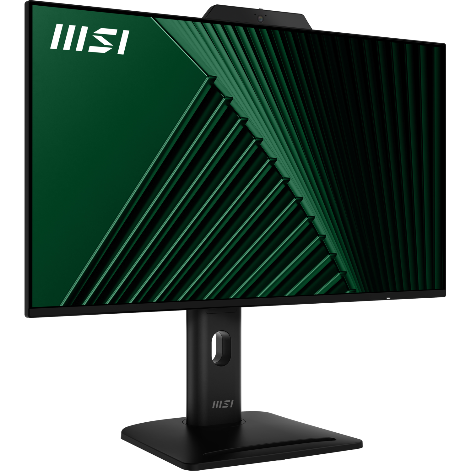 Un moniteur MSI noir. L'écran affiche un motif vert. Le moniteur est sur un support noir. Le fond est noir.