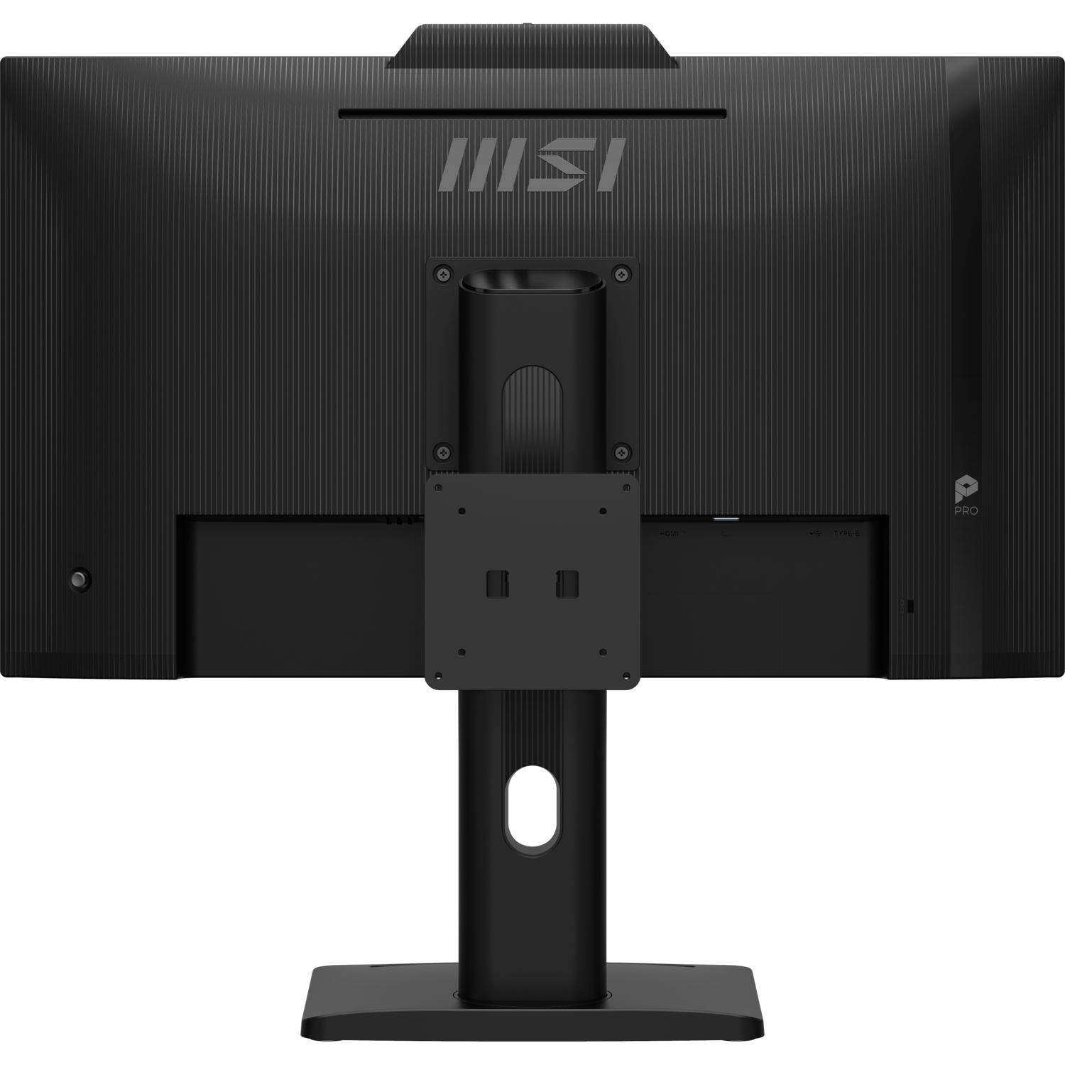 Dos d'un moniteur MSI noir. Il possède un support et des ports. Le logo MSI est en haut.