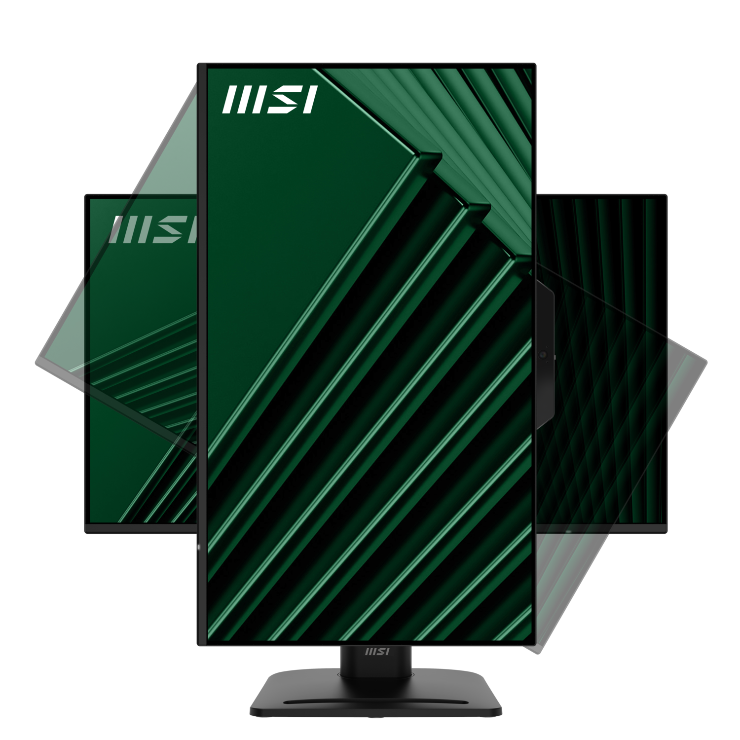 Plusieurs moniteurs MSI avec des fonds rayés verts, disposés en biais, sur fond noir. Le logo MSI est visible.