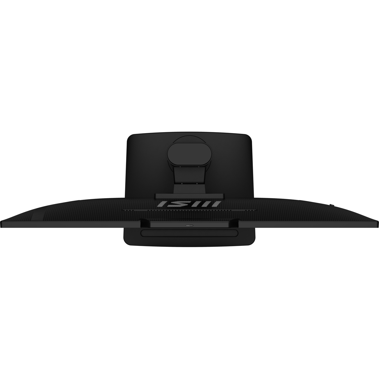 Vue de dessus d'un moniteur MSI noir sur fond noir. Le moniteur est incurvé, avec le logo MSI visible.