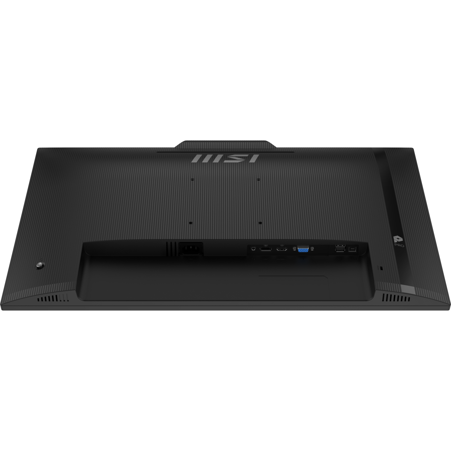 Vue arrière d'un moniteur MSI noir. Il possède des ports pour différents câbles, le logo MSI et un support. Le fond est noir.