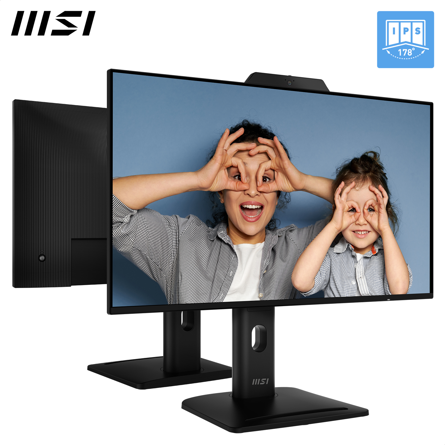 Le moniteur MSI affiche une femme et un enfant faisant des gestes des yeux. Le moniteur est noir, sur un support.