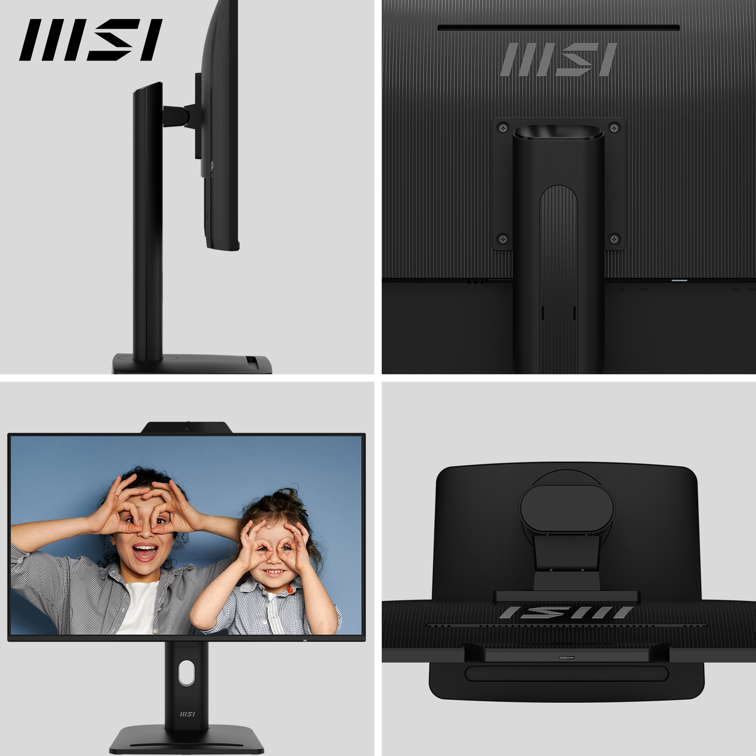 Quatre vues d'un moniteur MSI. Comprend des vues latérales, arrière, avant avec des enfants et inférieure. Le moniteur est noir.