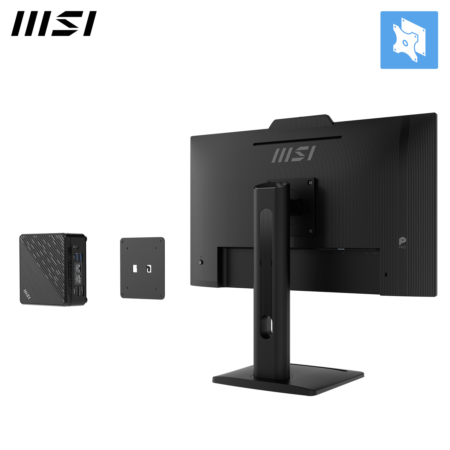 Un moniteur MSI noir et un mini PC sont affichés. Le moniteur est sur un support, et une plaque de montage est également montrée.