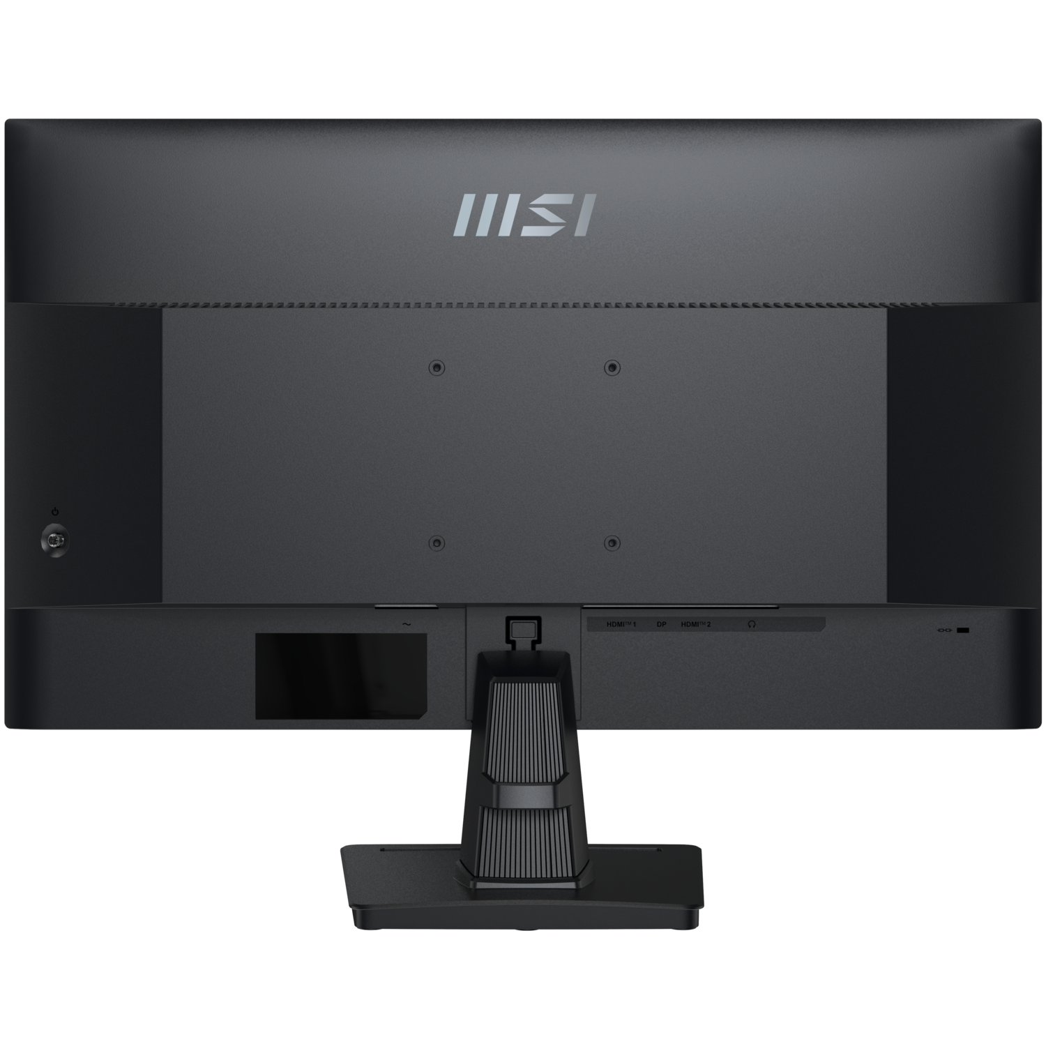 Vue arrière d'un moniteur MSI noir. Il possède un pied, divers ports et le logo MSI en haut.