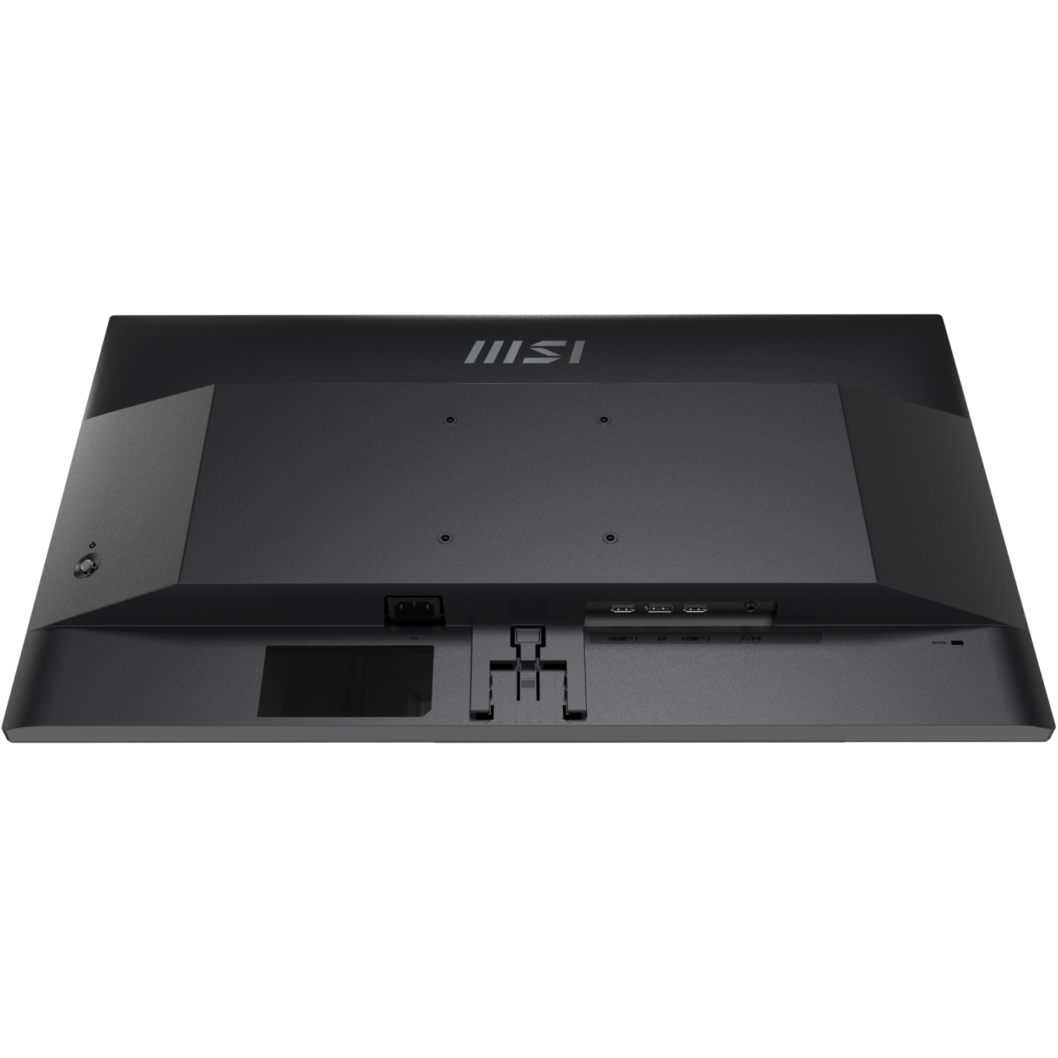 L'arrière d'un moniteur MSI noir est visible. Il possède des ports, une entrée d'alimentation et le logo MSI. Le fond est noir.