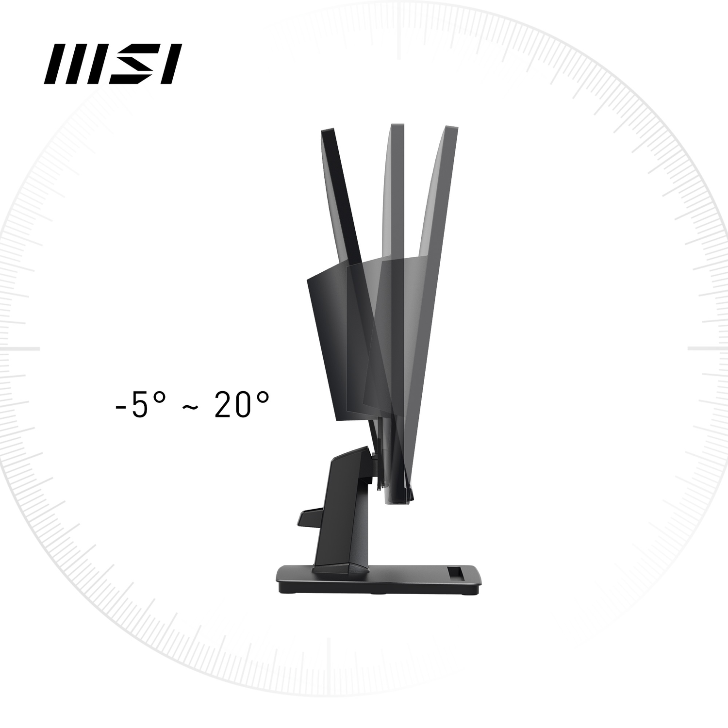 Un écran noir montre sa plage d'inclinaison de -5 à 20 degrés. Le logo MSI est en haut à gauche.
