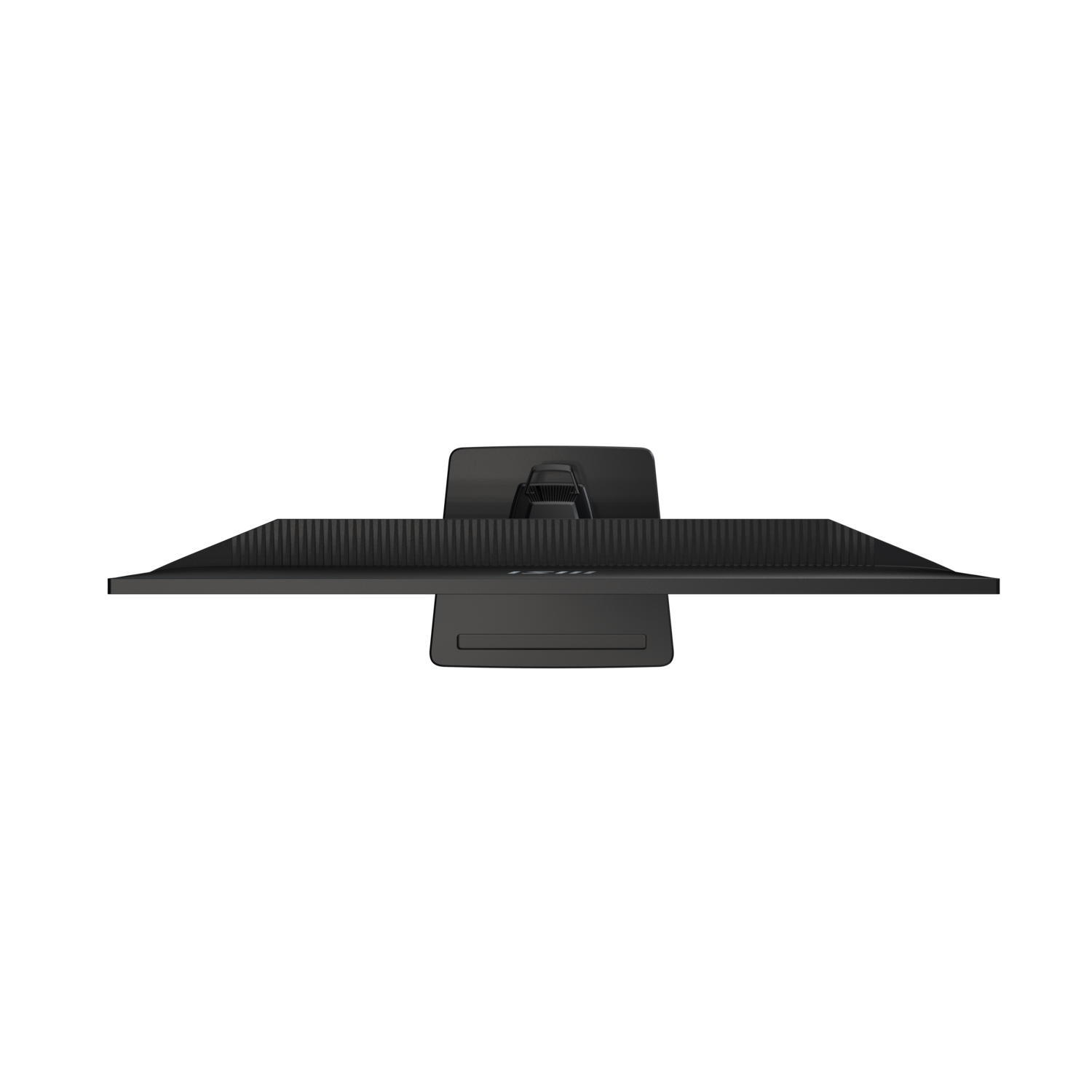 Vue de dessus d'un écran d'ordinateur noir. L'écran est long et rectangulaire avec un support en bas.