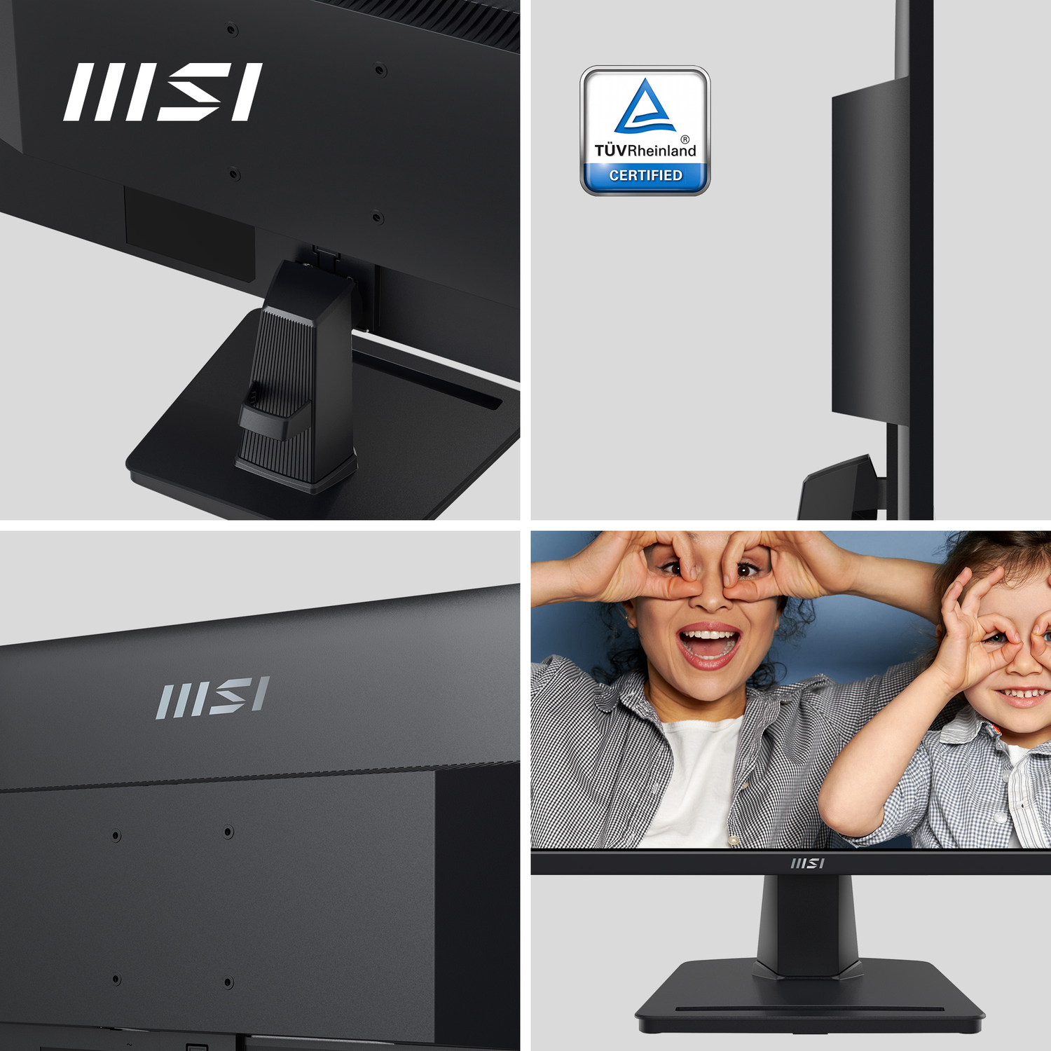Un moniteur MSI noir. En haut à gauche : logo. En haut à droite : Certifié TUV Rheinland. En bas : mère et enfant font des gestes avec les yeux.