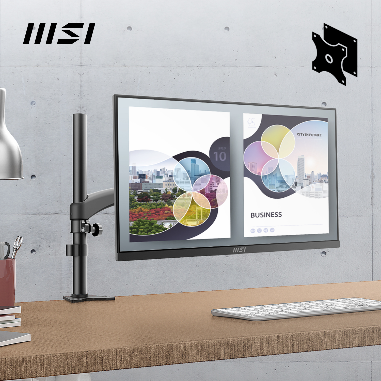 Un écran sur un bureau avec un bras noir. L'écran affiche une présentation professionnelle. Le logo MSI est dans le coin.