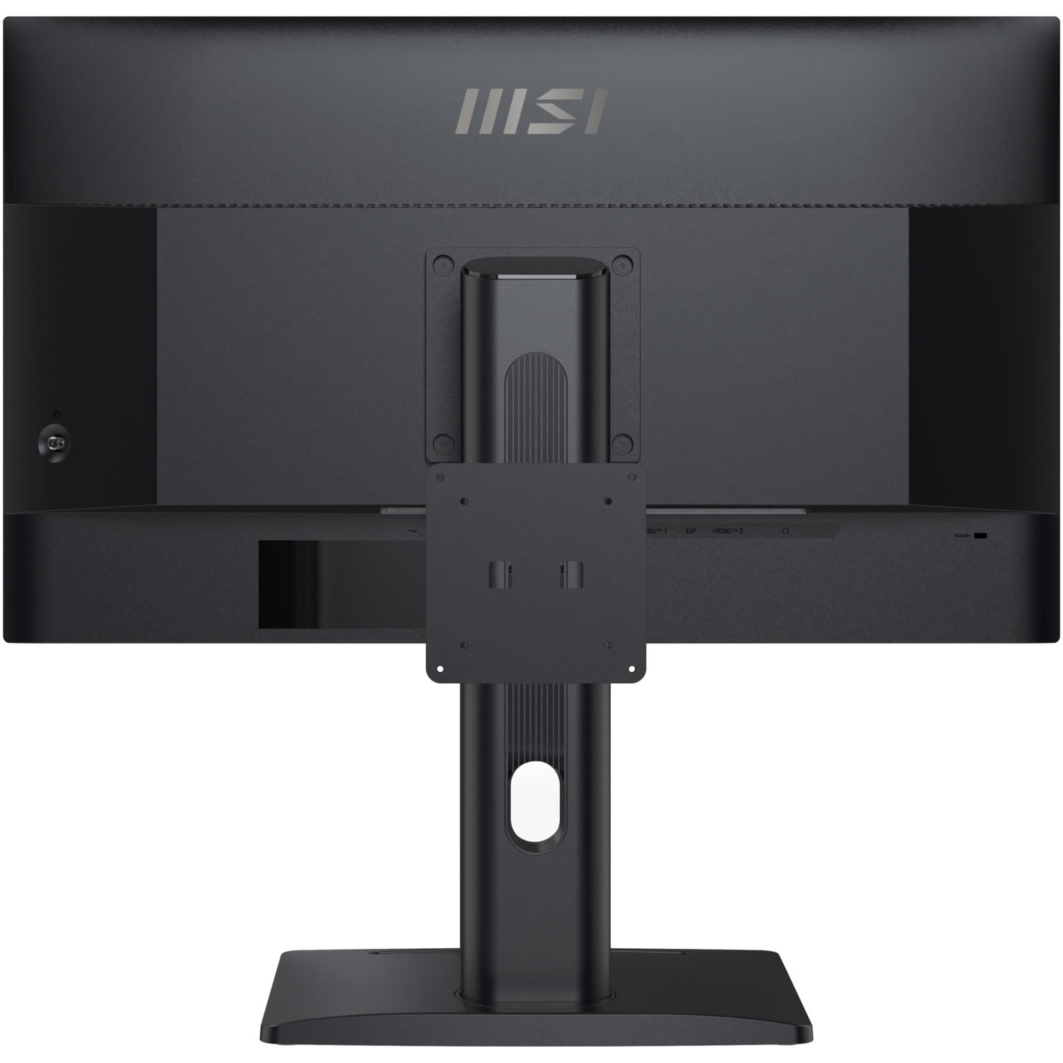 Dos d'écran d'ordinateur noir. Logo MSI en haut. Ports et pied en bas. L'écran est sur une surface noire.