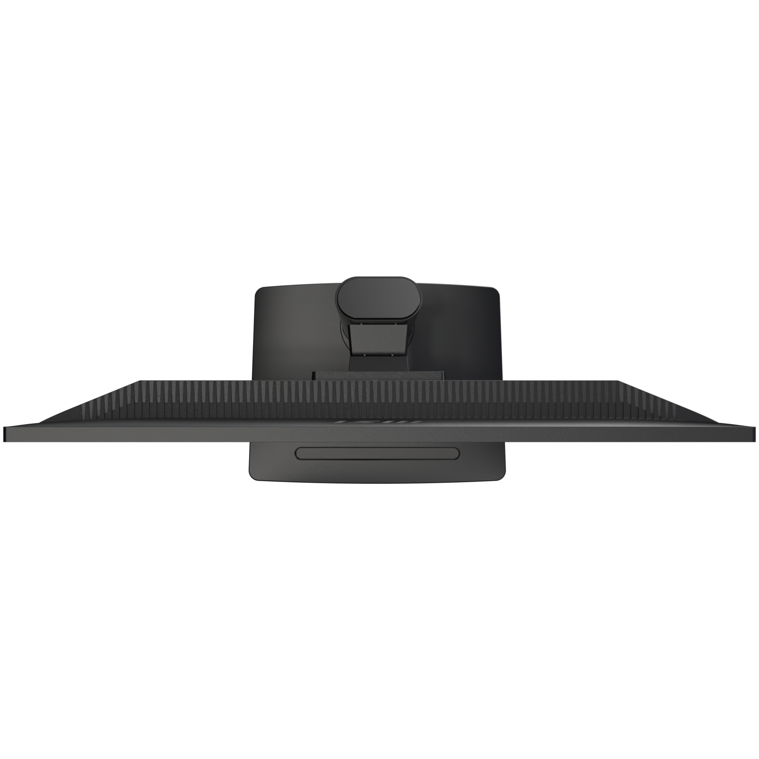Vue de dessus d'un écran d'ordinateur noir sur fond noir. L'écran est rectangulaire avec un pied.