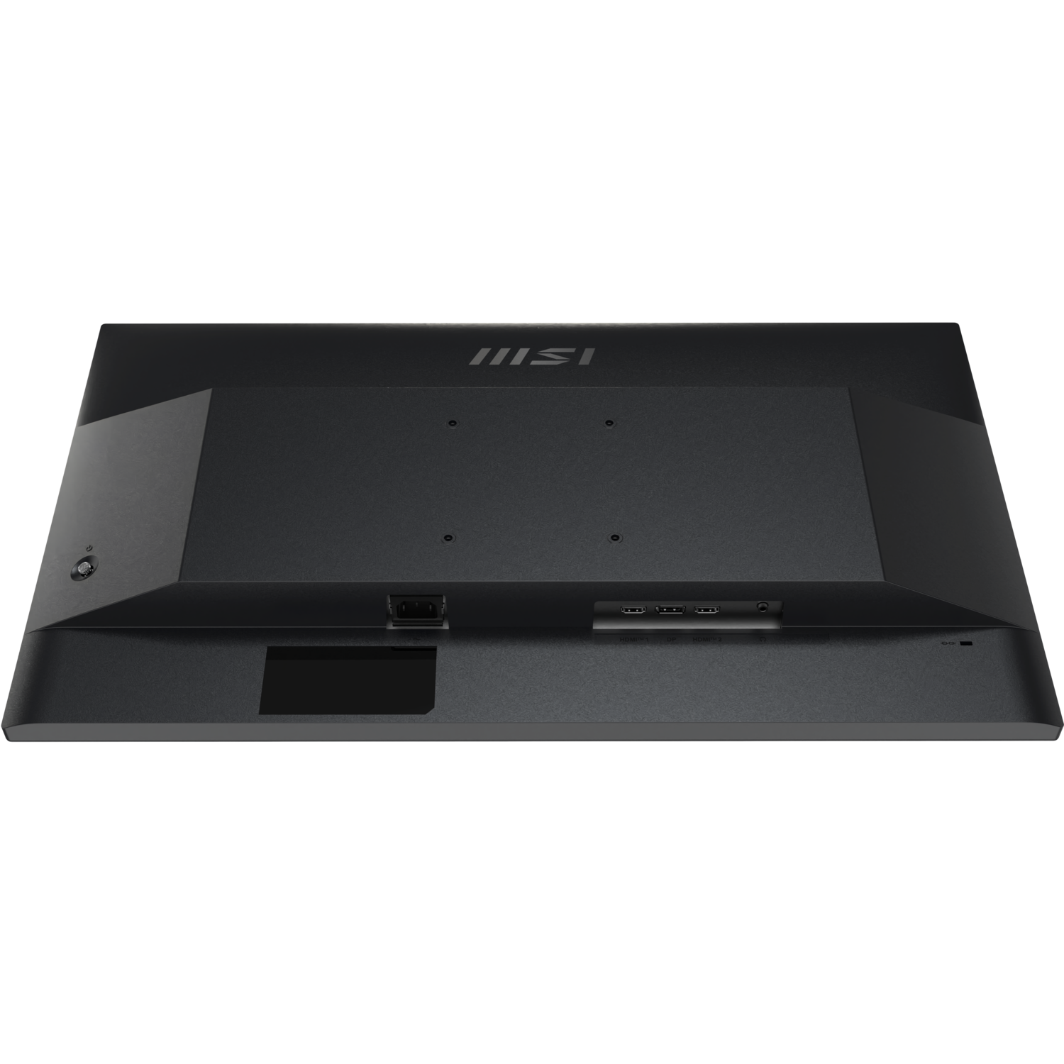 Arrière d'un écran d'ordinateur noir. Le logo MSI est en haut. Les ports et l'entrée d'alimentation sont visibles en bas.